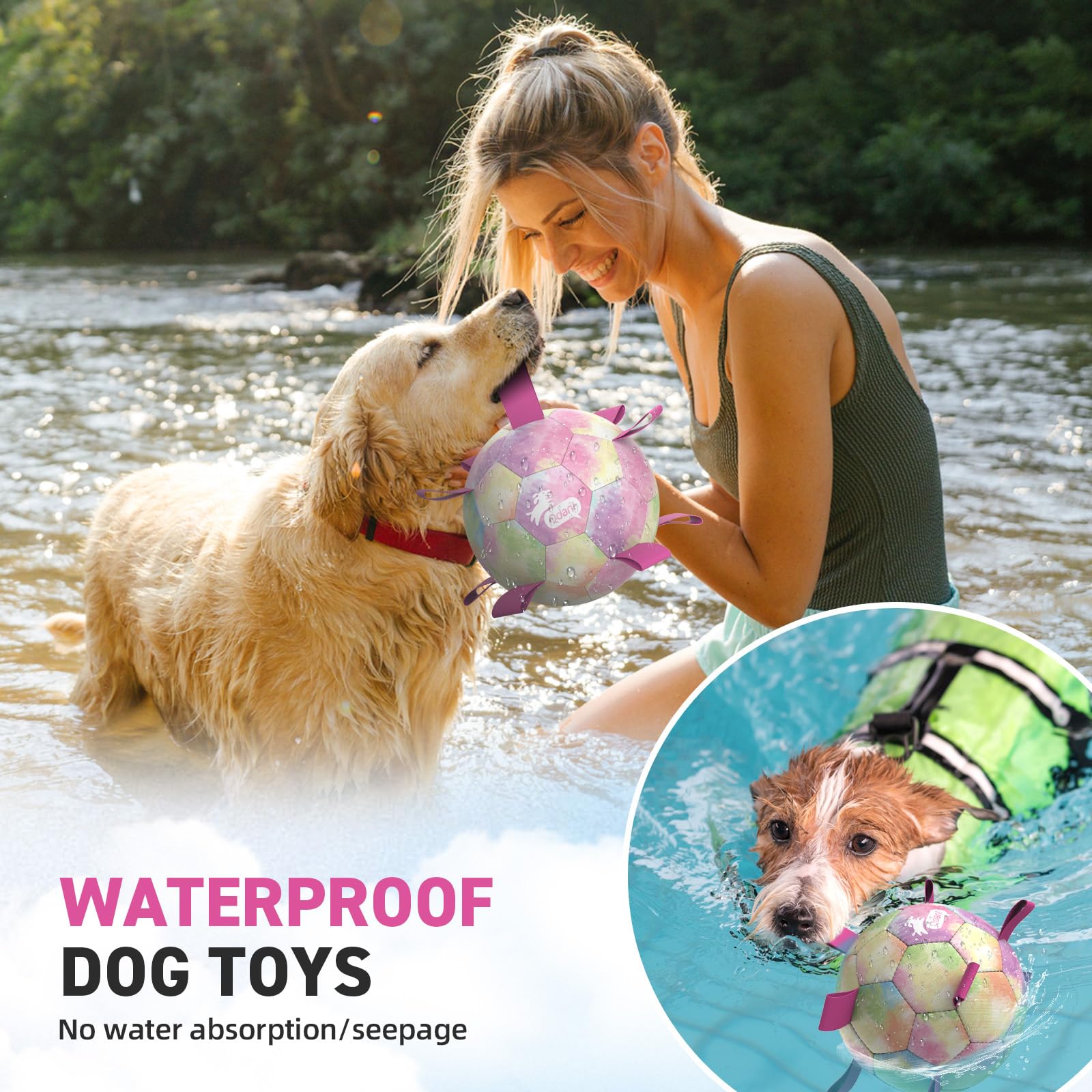 QDAN Dog Toys Soccer Ball with Straps, Durable Dog Balls for Tug of War, Puppy Birthday Gifts, Dogs Water Toy Small Dogs-Rainbow（5 Inch）
