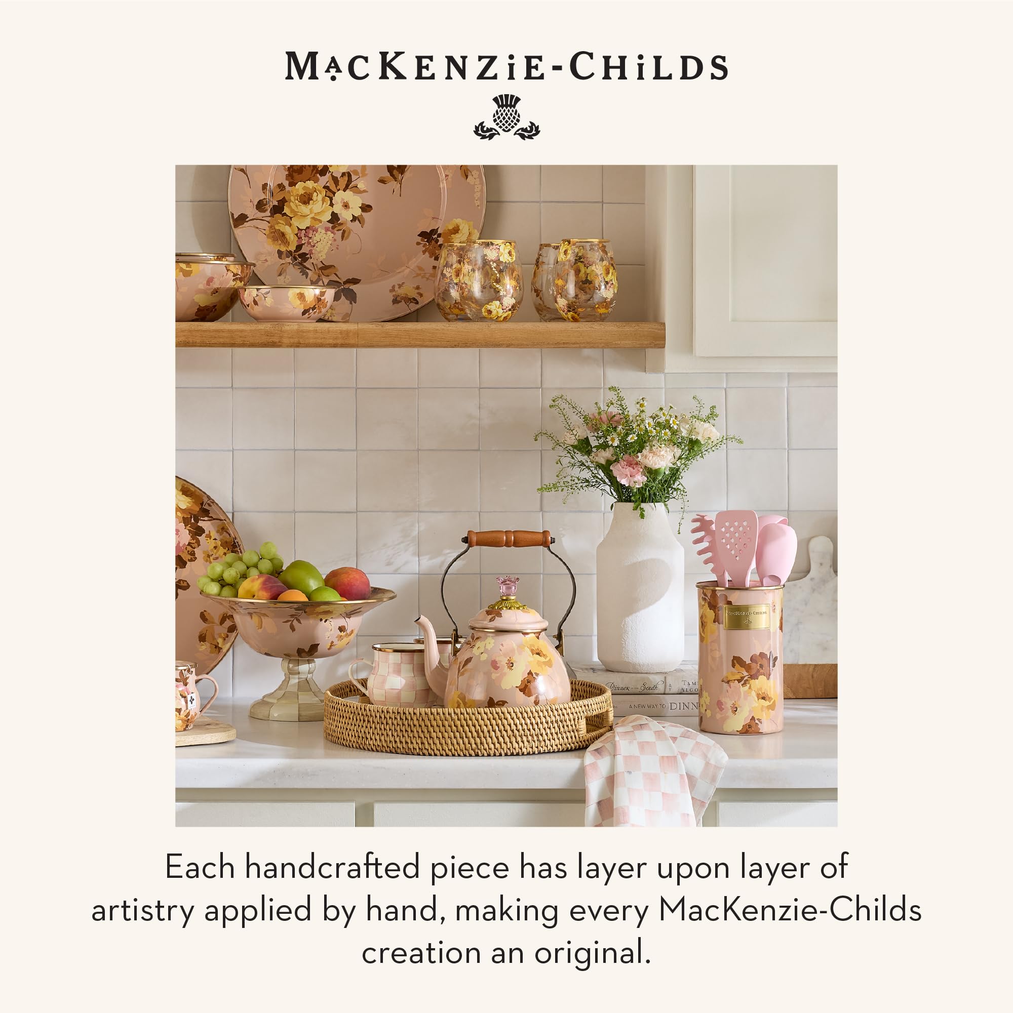 MACKENZIE-CHILDS Enamel Utensil Holder, Stylish Kitchen Countertop Organizer, Wild Rose Brown