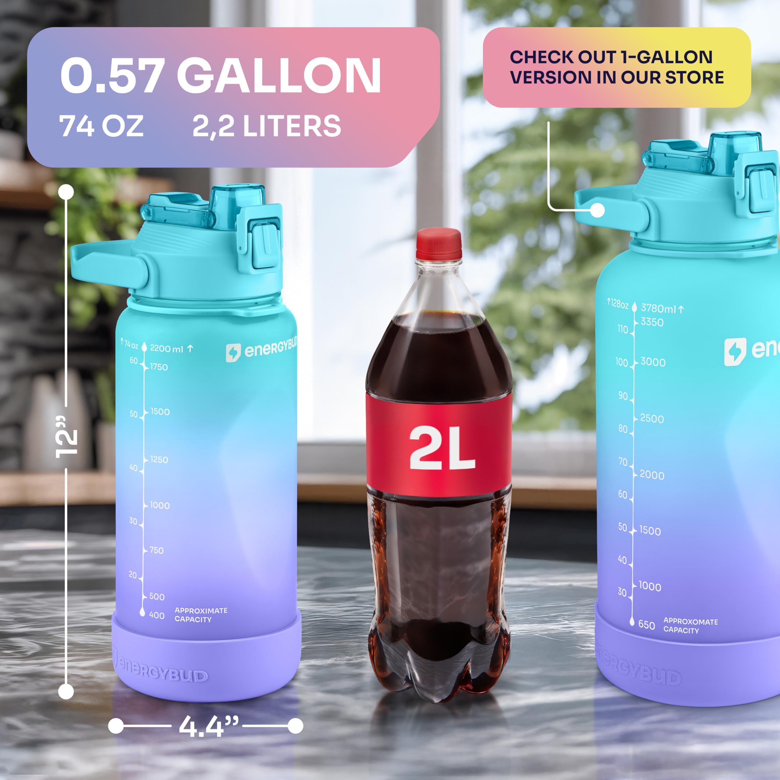 1/2 Gallon Water Bottle with 74.3 oz Capacity - Motivational Time Markers for Daily Hydration Goals - Leakproof BPA Free Tritan with Removable Straw