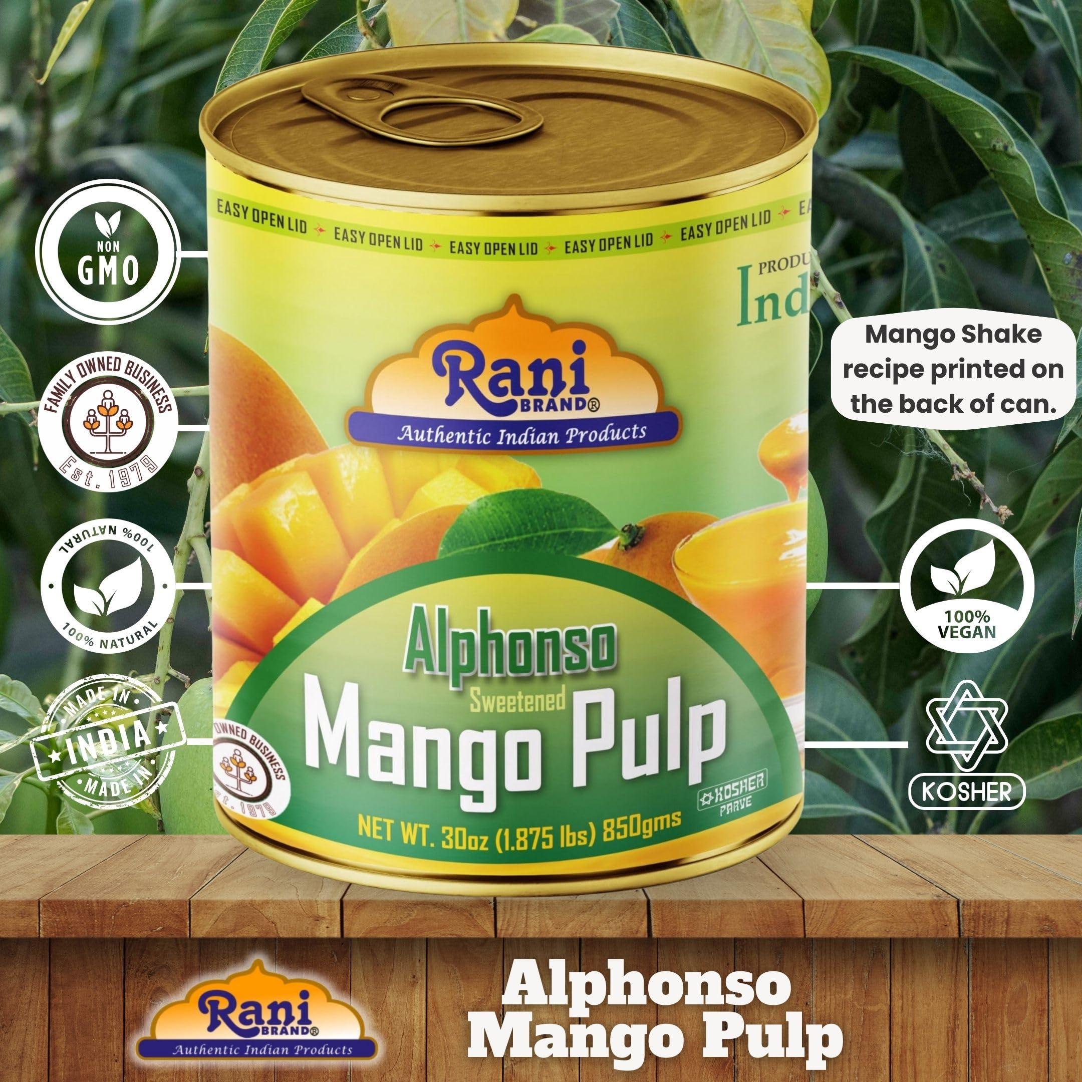 Rani Mango Pulp Puree (Makes Mango Lassi Shakes) Alphonso Sweetened 30oz (1.875lbs) 850g ~ Kosher | All Natural | NON-GMO | Vegan | No colors | Gluten Friendly | Indian Origin