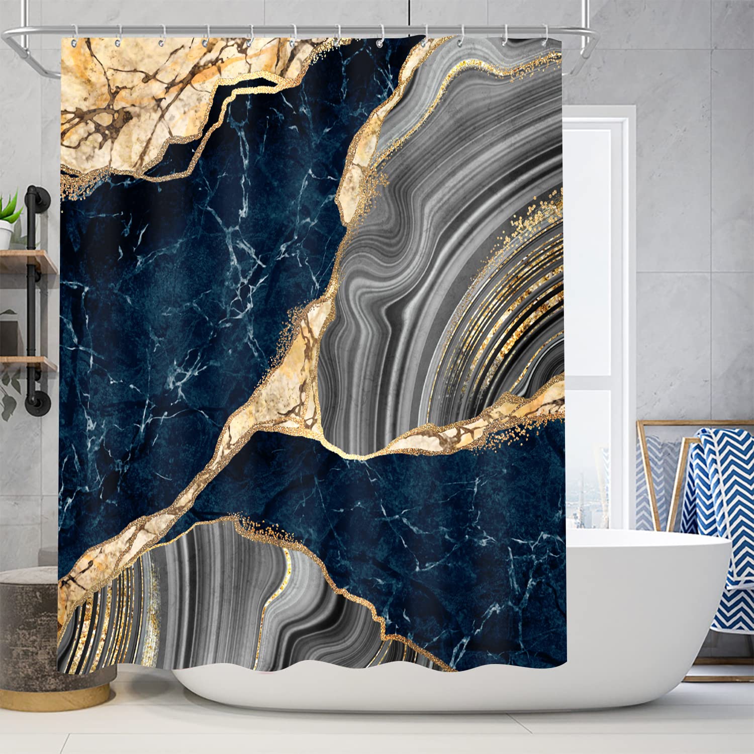Nkzply 4 Pcs Black Marble Shower Curtain Sets with Rugs Gold Bathroom Sets with Shower Curtain and Rugs Modern Abstract Bathroom Decor Accessories Shower Curtains for Bathroom Toilet Lid Cover