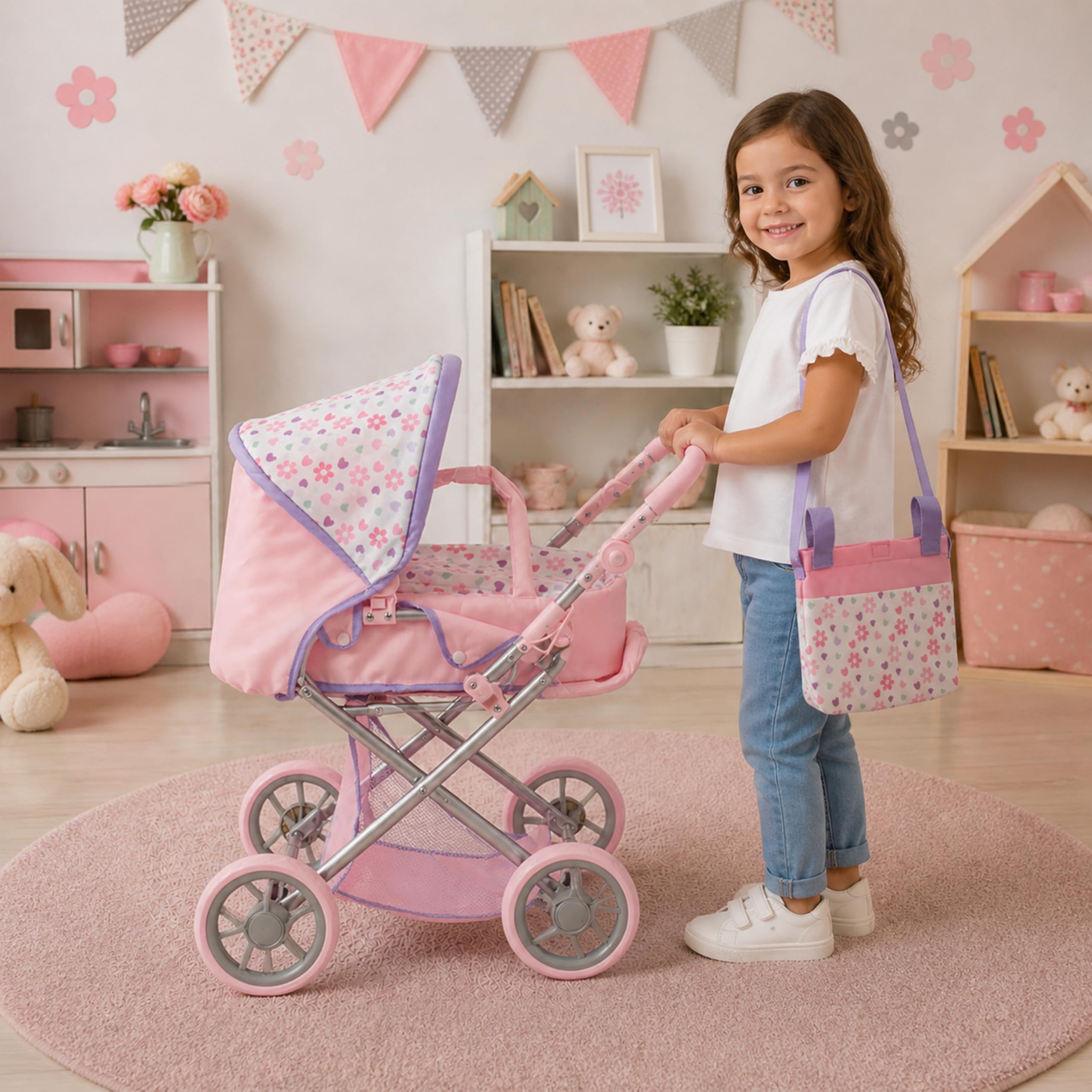 Baby Doll Convertible Pram Stroller with Removable Travel Bassinet Carrier for Kids Adjustable Handle Buggy Carriage with Canopy and Storage Basket 25 Inch Pink, Black
