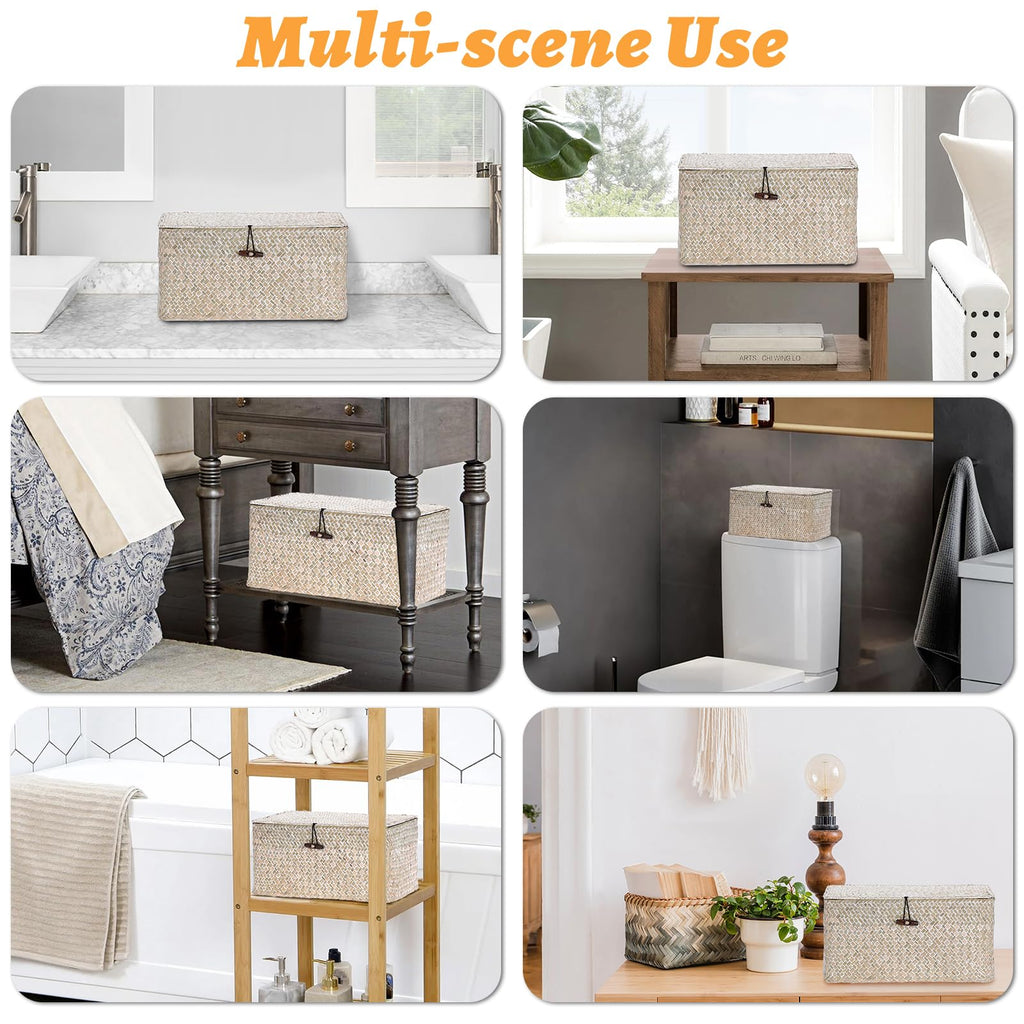 Sumnacon Wicker Basket with Lid Rectangle Woven Baskets for Toiletries Tampon Storage,Wicker Storage Basket with Lid,Decorative Seagrass Storage Baskets for Shelf Bathroom Toilet Table, Caramel