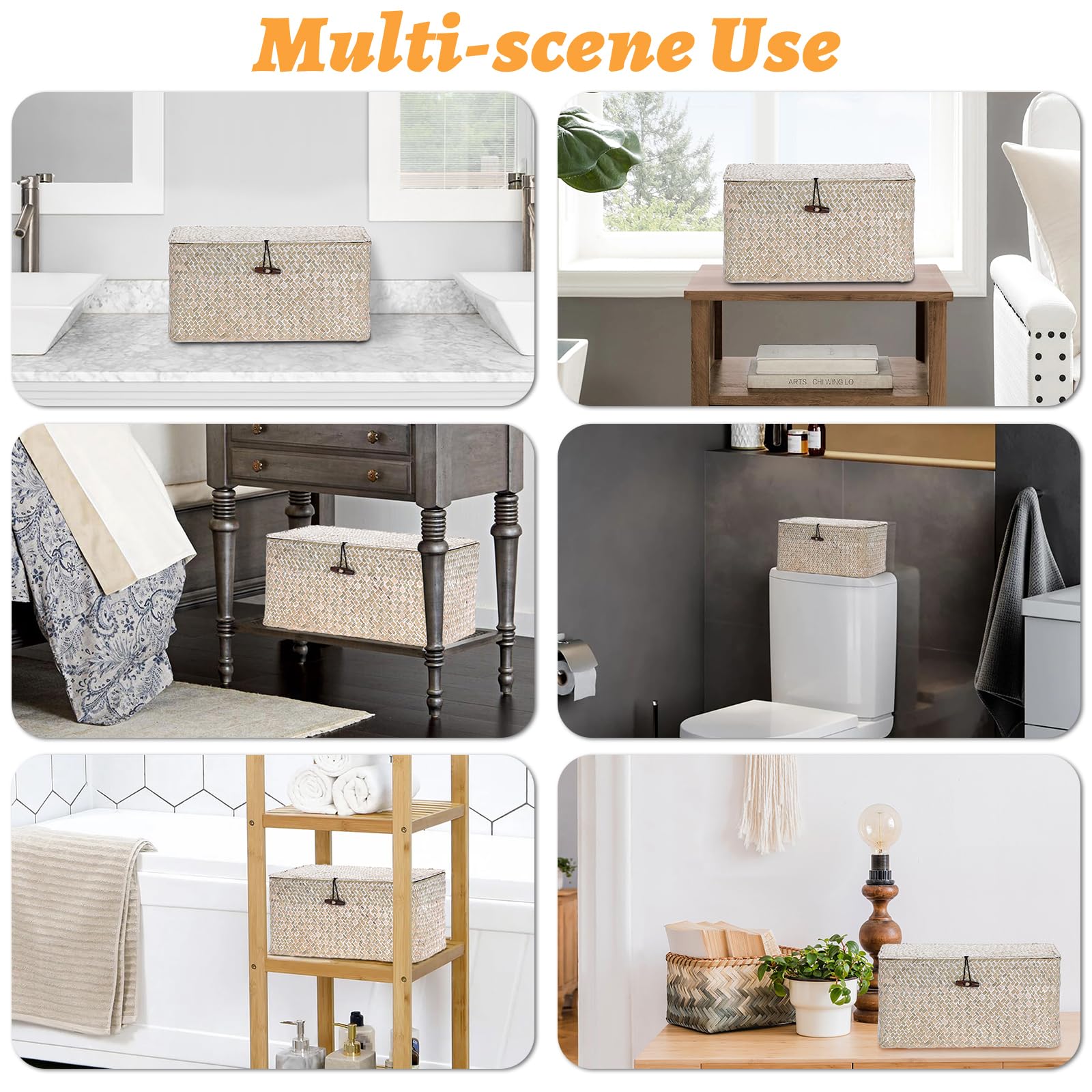 Sumnacon Wicker Basket with Lid Rectangle Woven Baskets for Toiletries Tampon Storage,Wicker Storage Basket with Lid,Decorative Seagrass Storage Baskets for Shelf Bathroom Toilet Table, Caramel