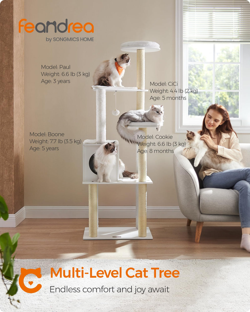 Feandrea Cat Tree, 65-Inch Modern Cat Tower for Indoor Cats, Multi-Level Cat Condo with 5 Scratching Posts, Perch, Washable Removable Cushions, Cat Furniture, Cloud White UPCT166W01