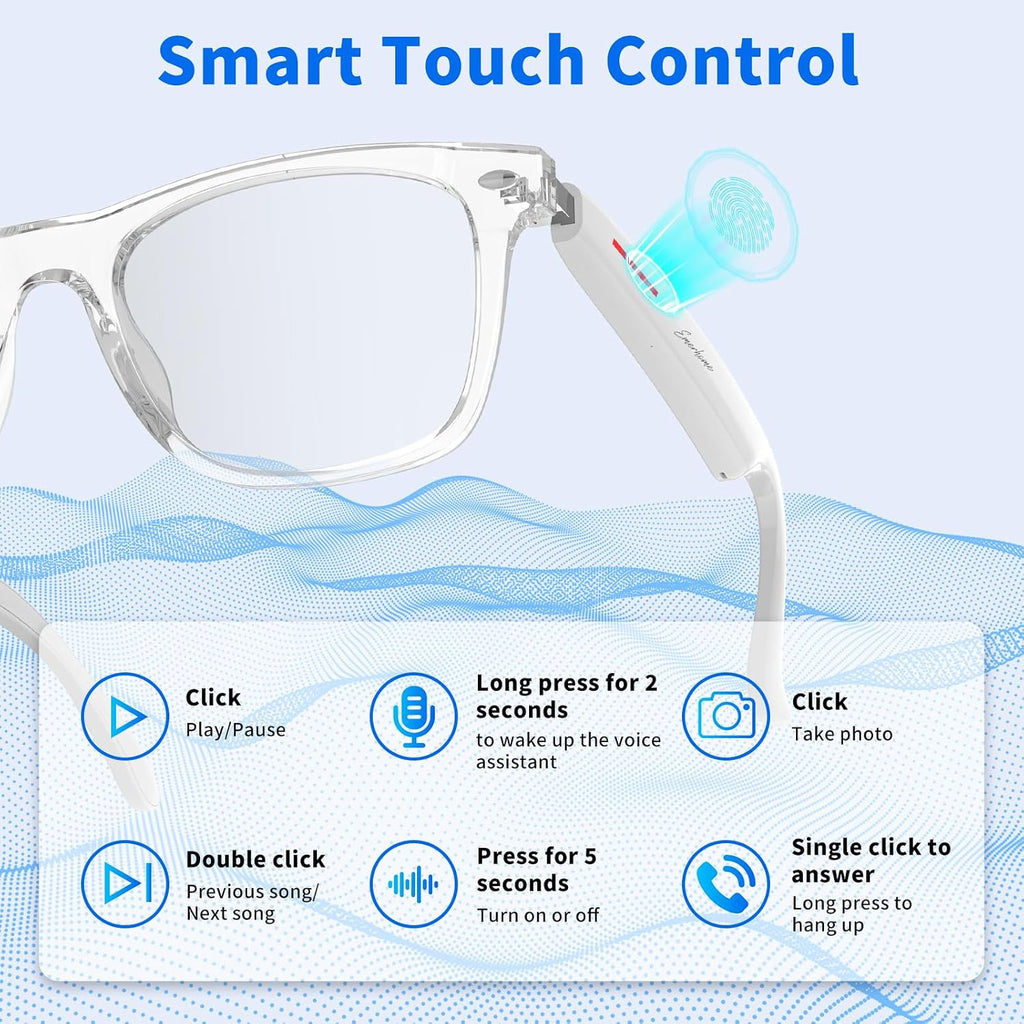 Emerhome Smart Bluetooth Glasses | AI Voice Assistant, Lightweight, 8-Hour Battery Life, Auto Pairing, Touch Control & Stereo Sound for Calls & Music