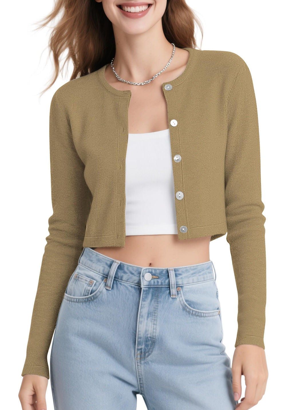 Urban CoCo Women's Long Sleeve Button Up Cropped Cardigan Sweaters for Women Crew Neck Short Bolero Shrug for Dresses