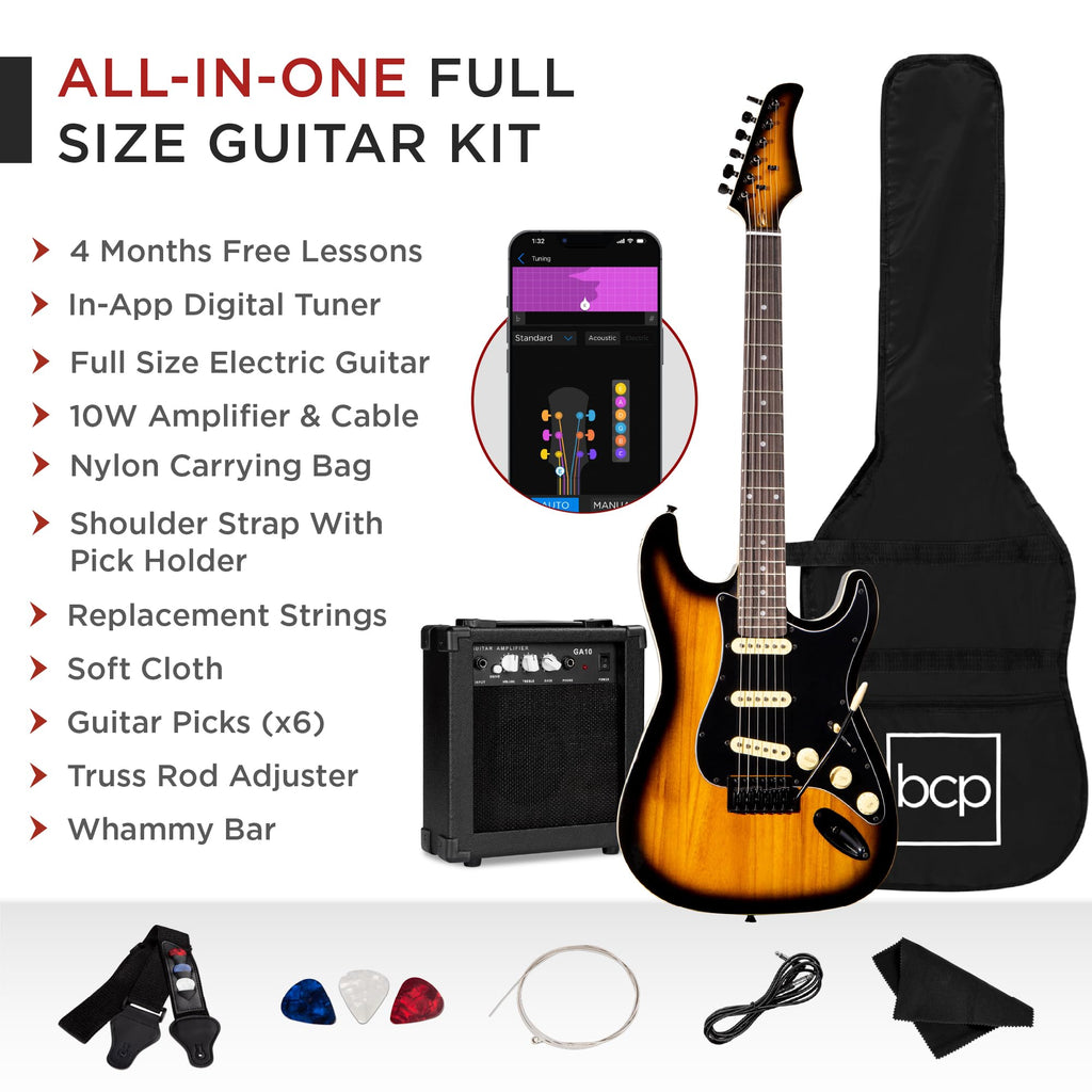 Best Choice Products 39in Full Size Beginner Electric Guitar Starter Kit w/Case, Strap, 10W Amp, Strings, Pick, Tremolo Bar - 3 Color Sunburst