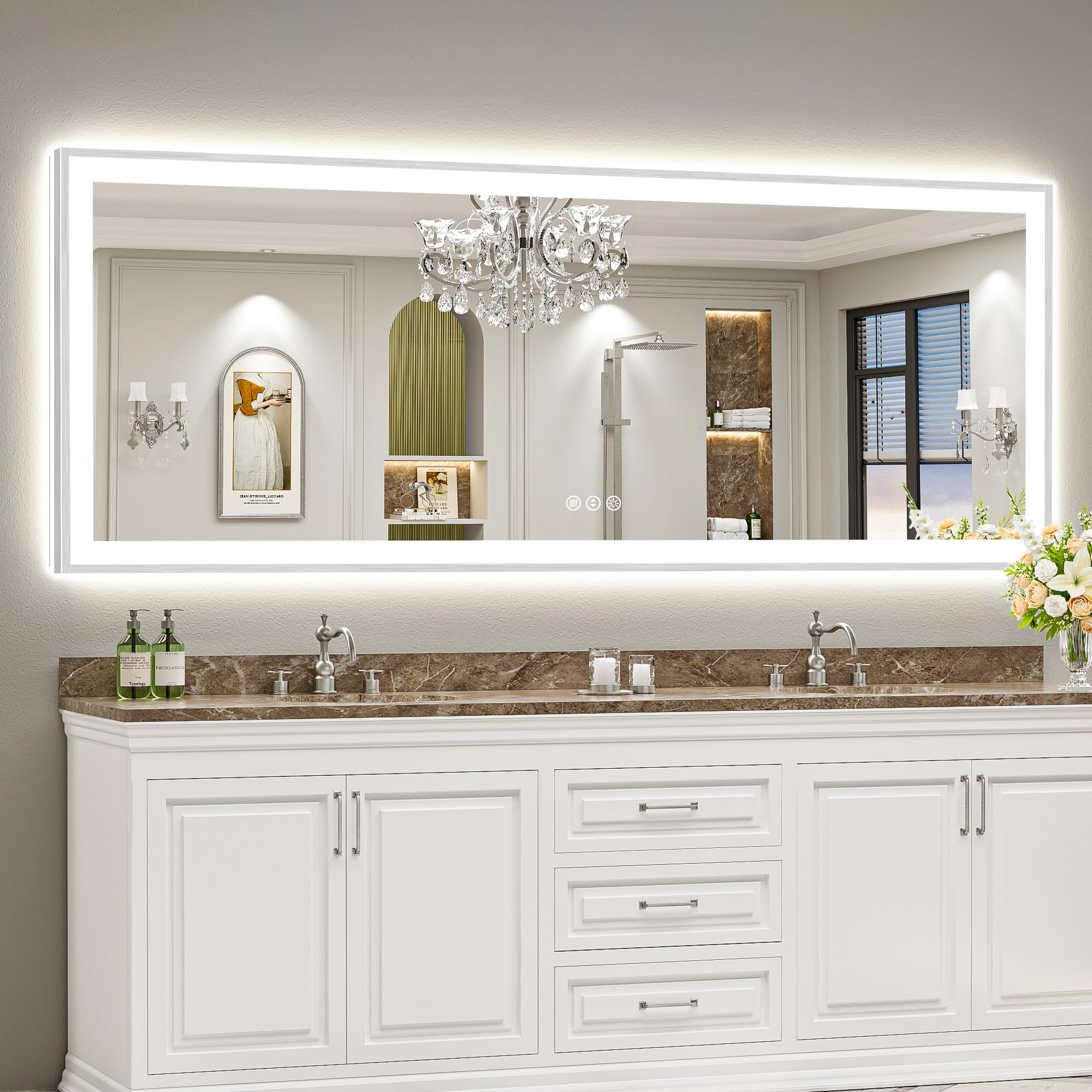 24x32 Black Framed LED Bathroom Mirror with Lights, Backlit and Front Lit Anti-Fog Lighted Vanity Mirrors for Bathroom Wall, Dimmable, 3 Colors, Memory, HD Tempered Glass, Horizontal/Vertical