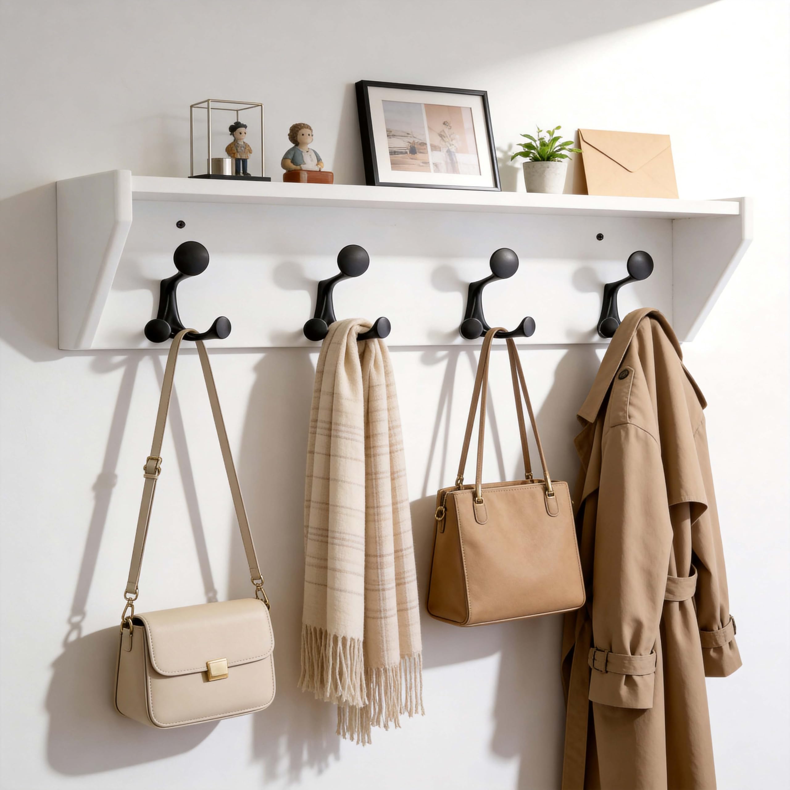 SKOLOO Wall Shelf with Hooks, 24-Inch Cherry Coat Rack Wall Mount with Shelf Organizer - Heavy Duty, 4 Tri Hooks - Perfect for Entryway, Hallway, Living Room, Bedroom, Mudroom