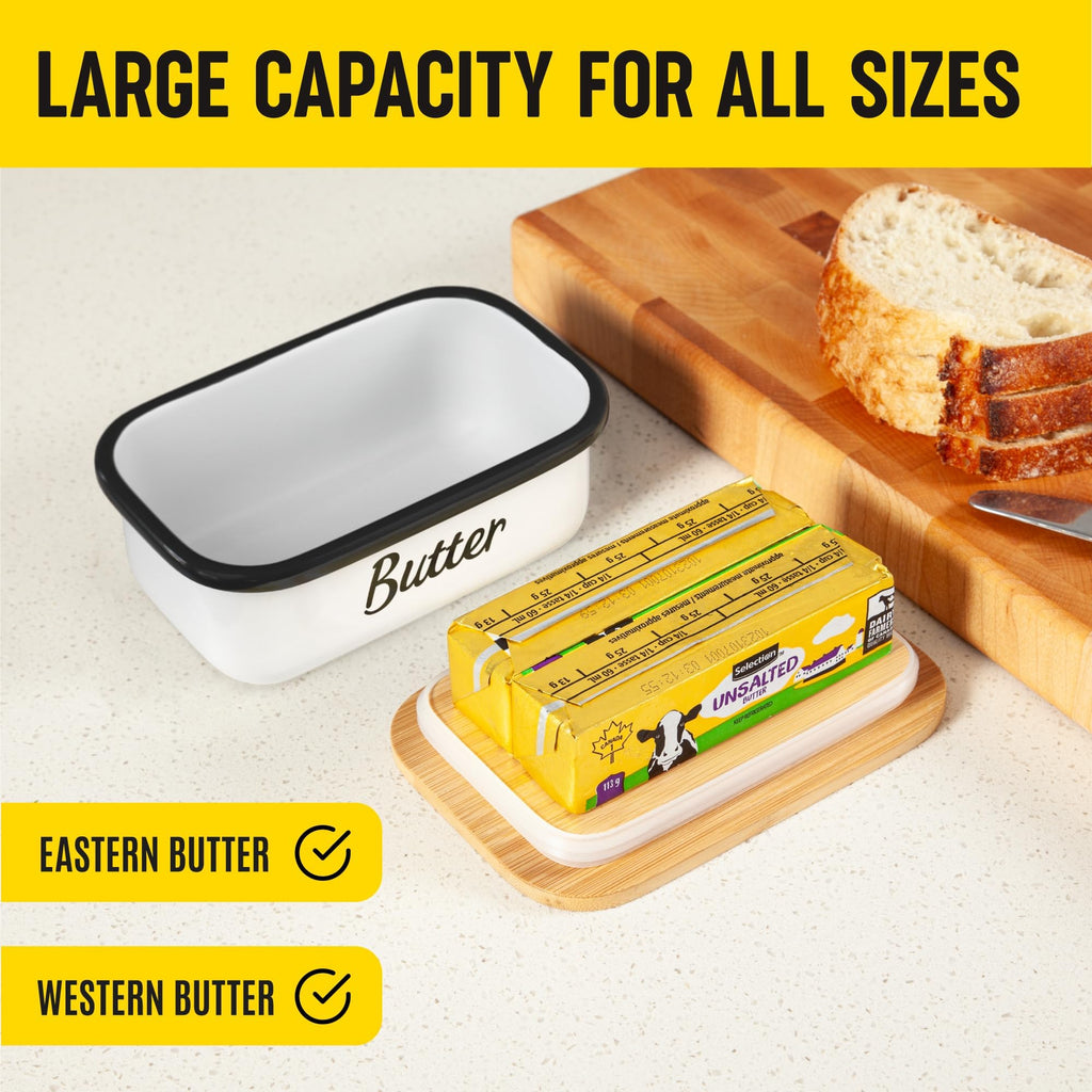 White Butter Dish with Lid for Countertop & Refrigerator - Unbreakable Metal Butter Keeper, Large Butter Container for Fridge, Butter Holder, Butter Tray, Butter Storage for Counter, Mantequillera