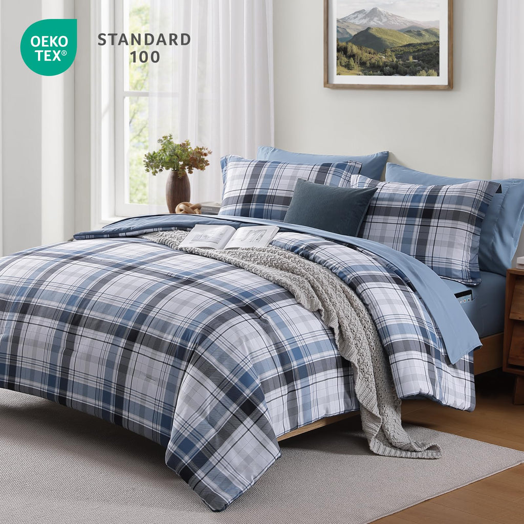 MaiRêve Queen Comforter Set, Classic Plaid Farmhouse Bedding Sets 7 Pieces, Beige All Season Bed in A Bag with Sheets, Pillowcases & Shams