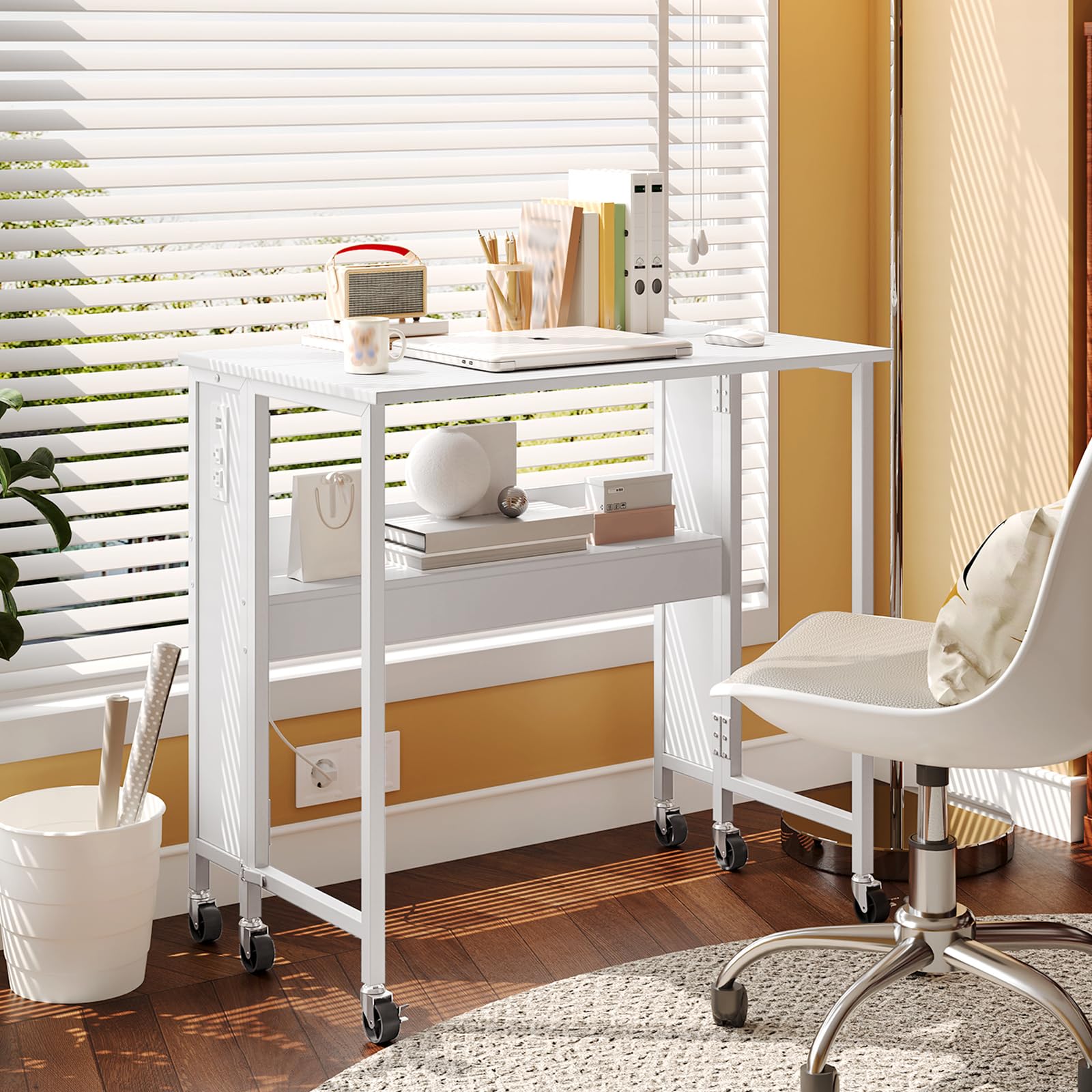 CHOEZON Folding Desk with Power Outlets, 31.5" Rolling Computer Table with Wheels, Portable Office Desk with Storage Shelf for Small Spaces Black TDN01UBB