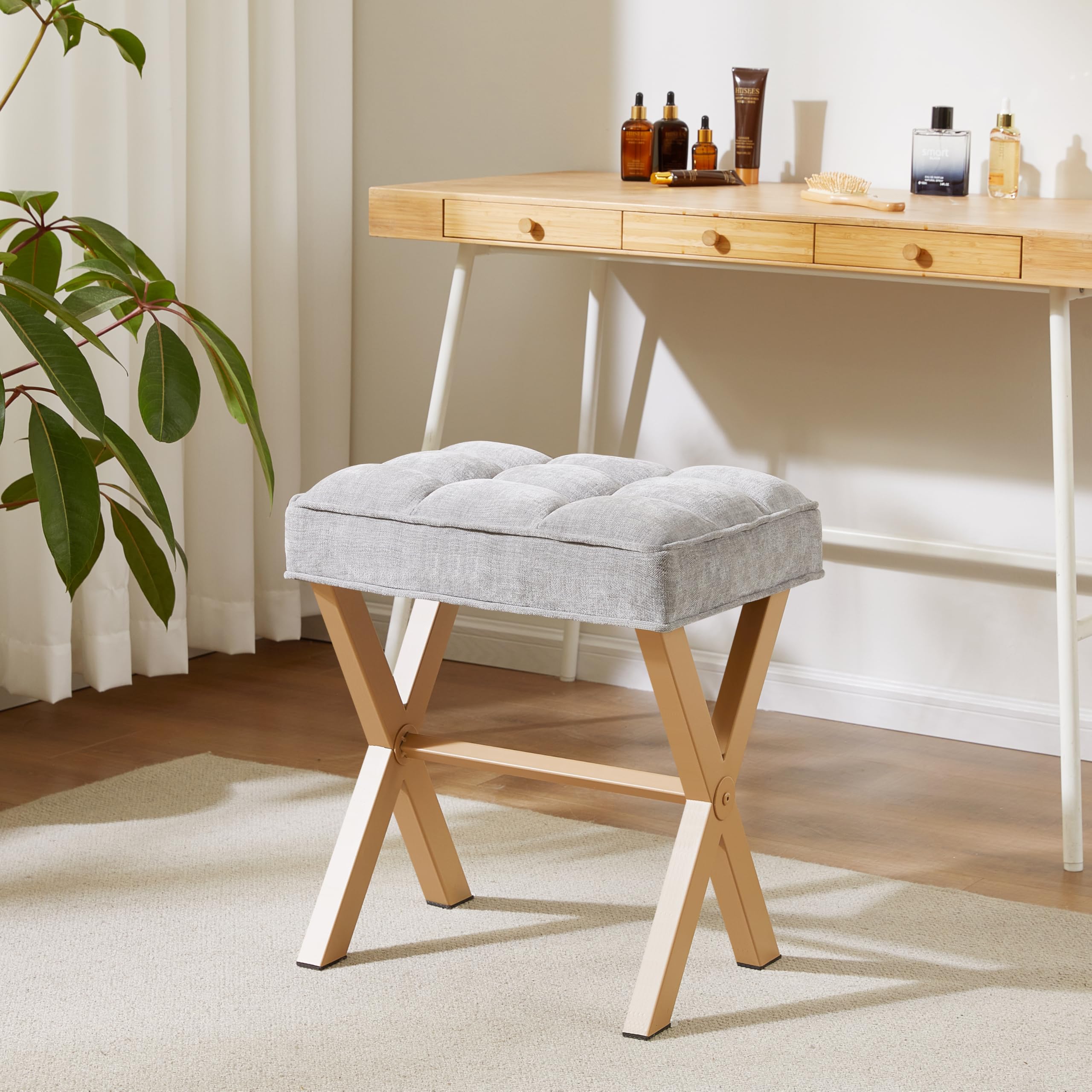 Royal Windsor Vanity Stool with Saddle Cushion, 18 Inch Makeup Vanity Chair for Living Room, Modern Foot Stool Ottoman Piano Bench,Small Upholstered Bench for Bedroom, Beige