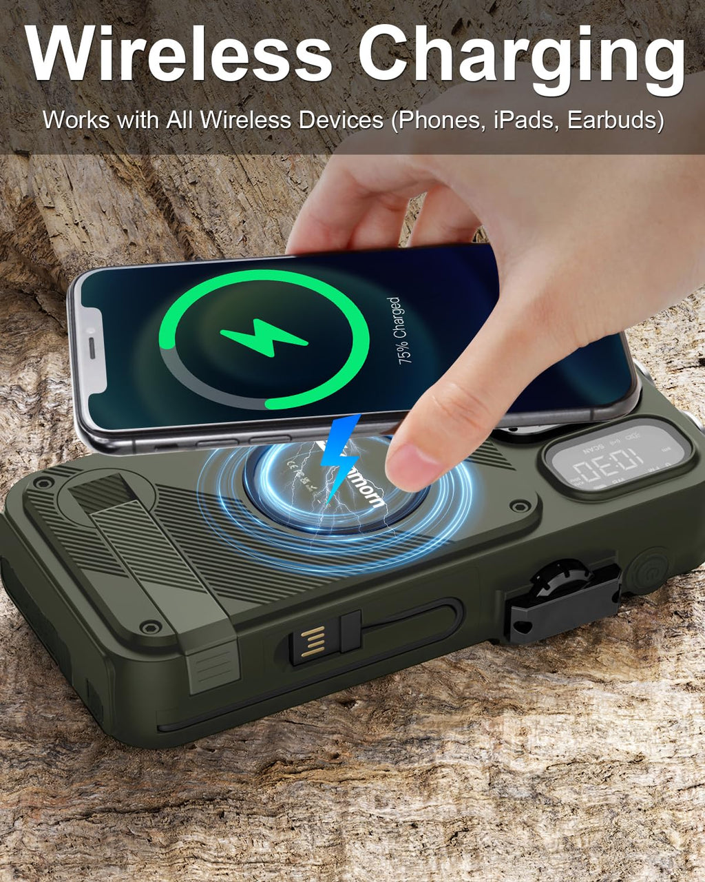Emergency Radio&22000mAh Solar Power Bank, FM NOAA Weather Radio, Portable Hand Crank Bluetooth Radio, 20W Fast Charge Wireless Phone Charger, SOS Flashlight for Emergency/Home (Green)