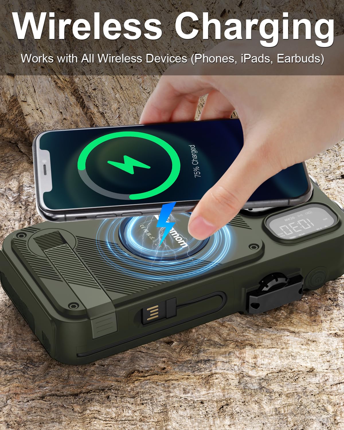 Emergency Radio&22000mAh Solar Power Bank, FM NOAA Weather Radio, Portable Hand Crank Bluetooth Radio, 20W Fast Charge Wireless Phone Charger, SOS Flashlight for Emergency/Home (Green)