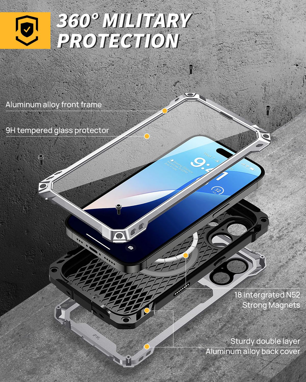 Lanhiem for iPhone 16 Metal Case with Camera Cover & Stand [Compatible with MagSafe] [Built-in Kickstand] [Military-Grade Protection] Heavy Duty Rugged Magnetic Phone Case, Black