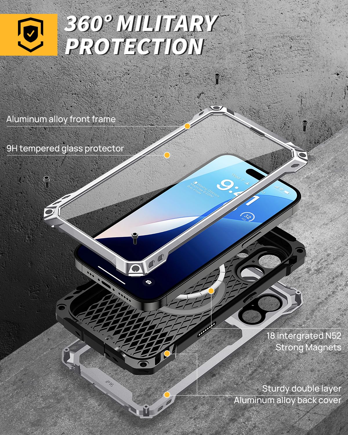Lanhiem for iPhone 16 Metal Case with Camera Cover & Stand [Compatible with MagSafe] [Built-in Kickstand] [Military-Grade Protection] Heavy Duty Rugged Magnetic Phone Case, Black