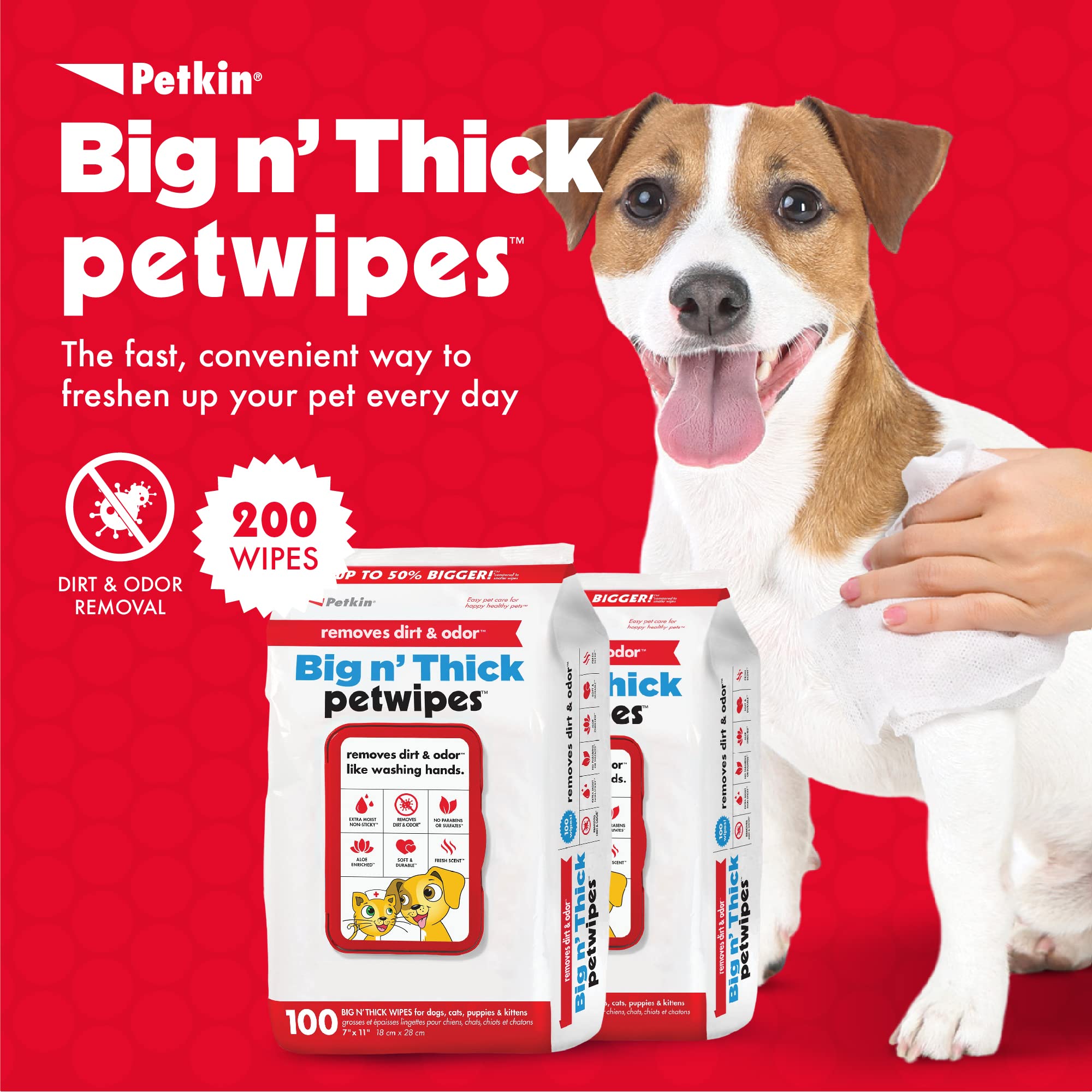 Petkin Pet Wipes for Dogs and Cats, 100 Large Wipes - Removes Dirt & Odor Like Washing Hands - Cleans Ears, Face, Butt, Eye Area - Convenient, Ideal for Home or Travel - 1 Pack of 100 Wipes