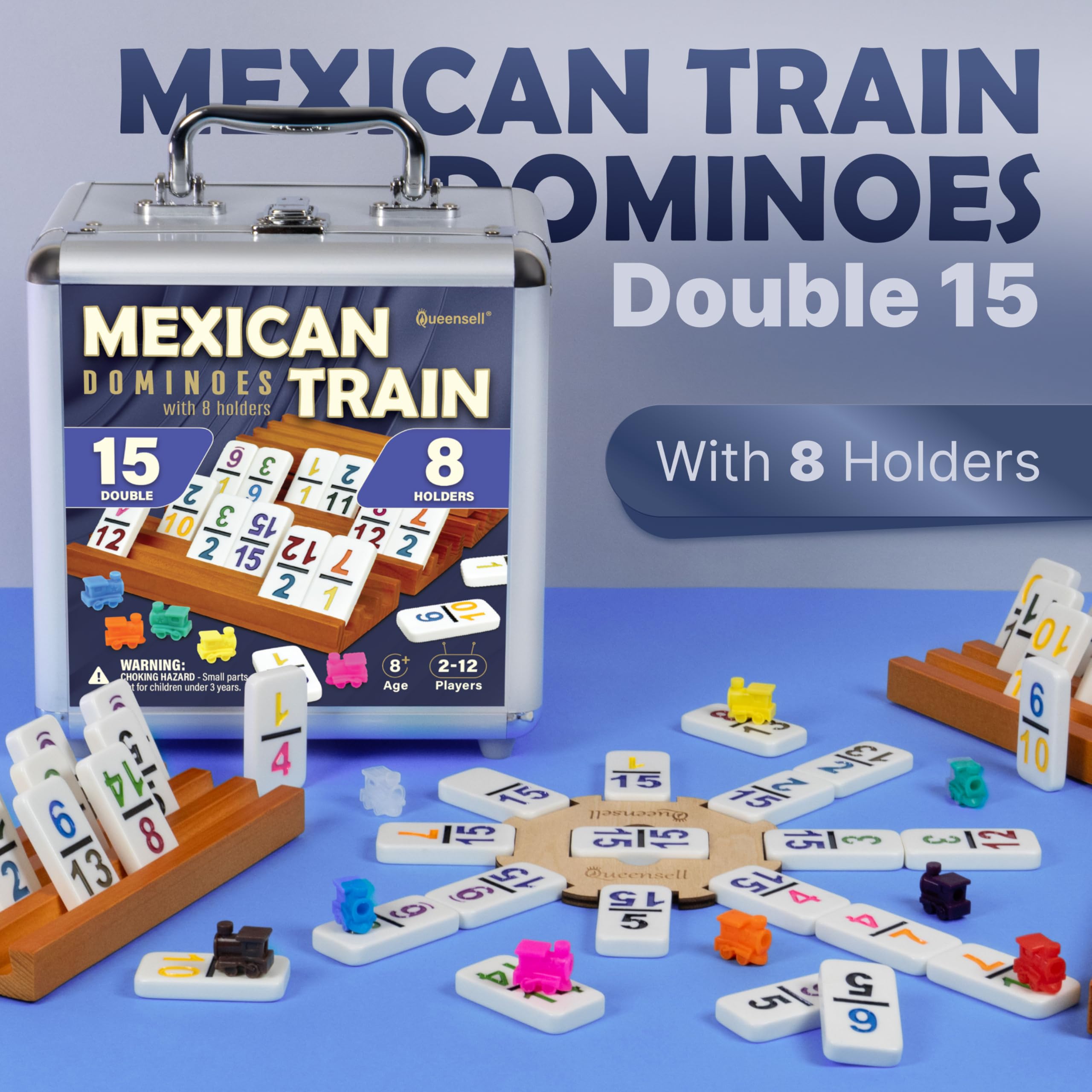 Queensell Mexican Train Dominoes Set Double 15 for Adults and Family, Mexican Train Double 15 Dominoes Set Colored Dot - 136 Tiles, 9 Trains, Wooden Hub, Aluminum Case (Double 15)