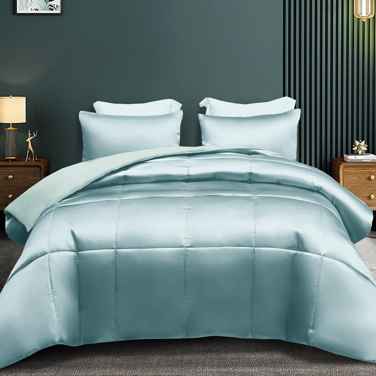 Whale Flotilla 2-Piece Reversible Silky Soft Twin Size Comforter Bedding Set, Luxurious Satin Comforters with Satin Pillowcase, Lightweight Duvet for All Seasons, Black