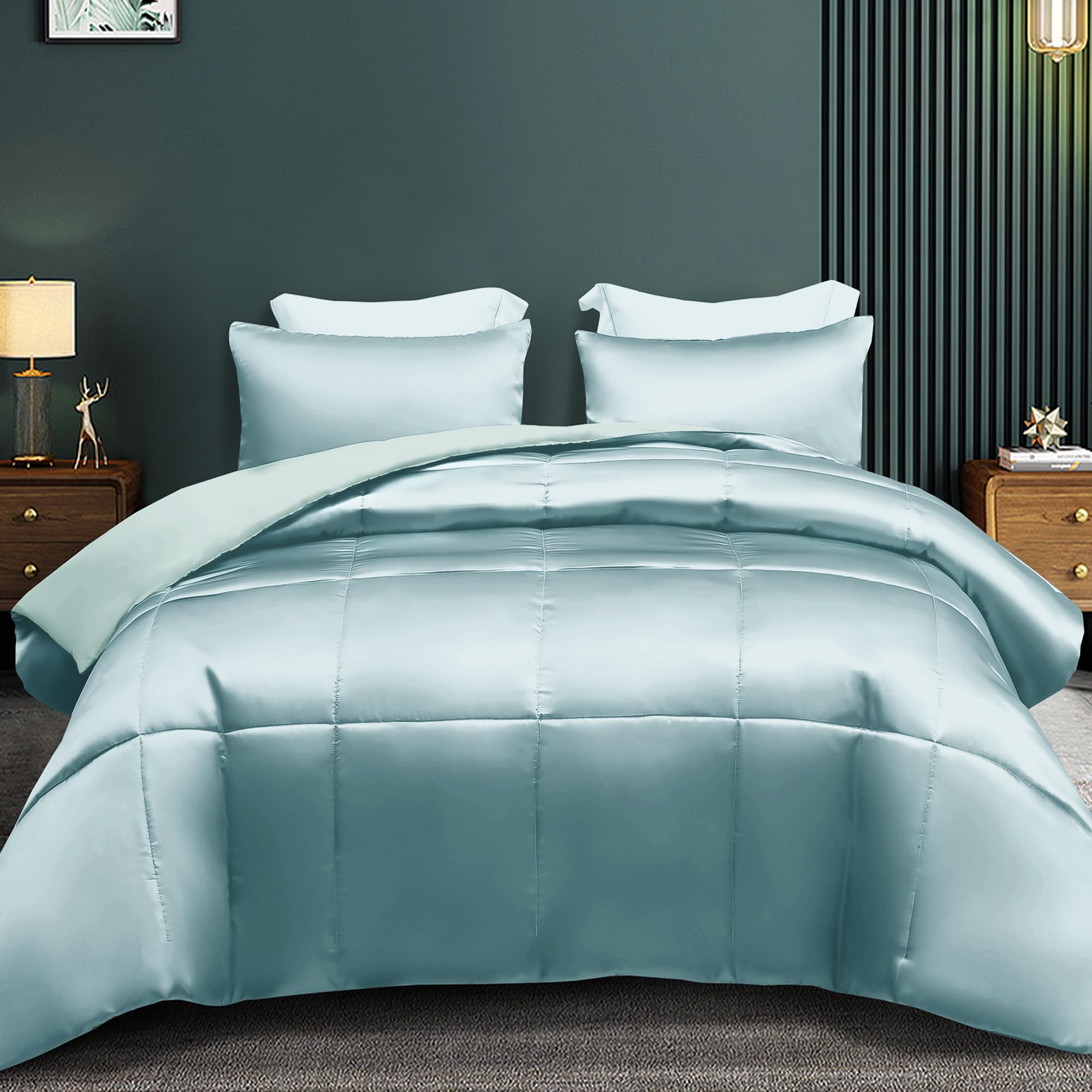 Whale Flotilla 2-Piece Reversible Silky Soft Twin Size Comforter Bedding Set, Luxurious Satin Comforters with Satin Pillowcase, Lightweight Duvet for All Seasons, Black