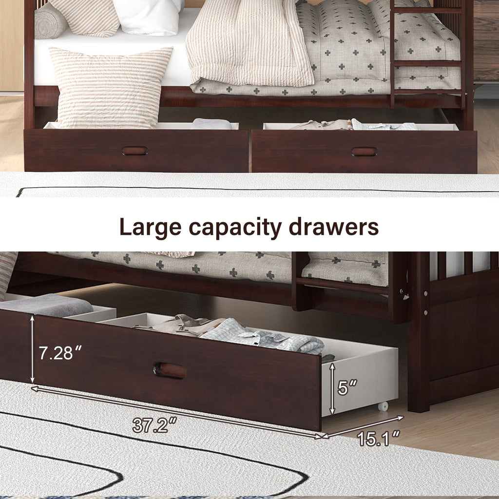 Merax Wood Bunk Bed with Two Drawers,Convertible Wood Bunk Bed with Ladders and Two Storage Drawers,Solid Wood Detachable Bed Frame with Ladders, Twin Over Full Size, Espresso