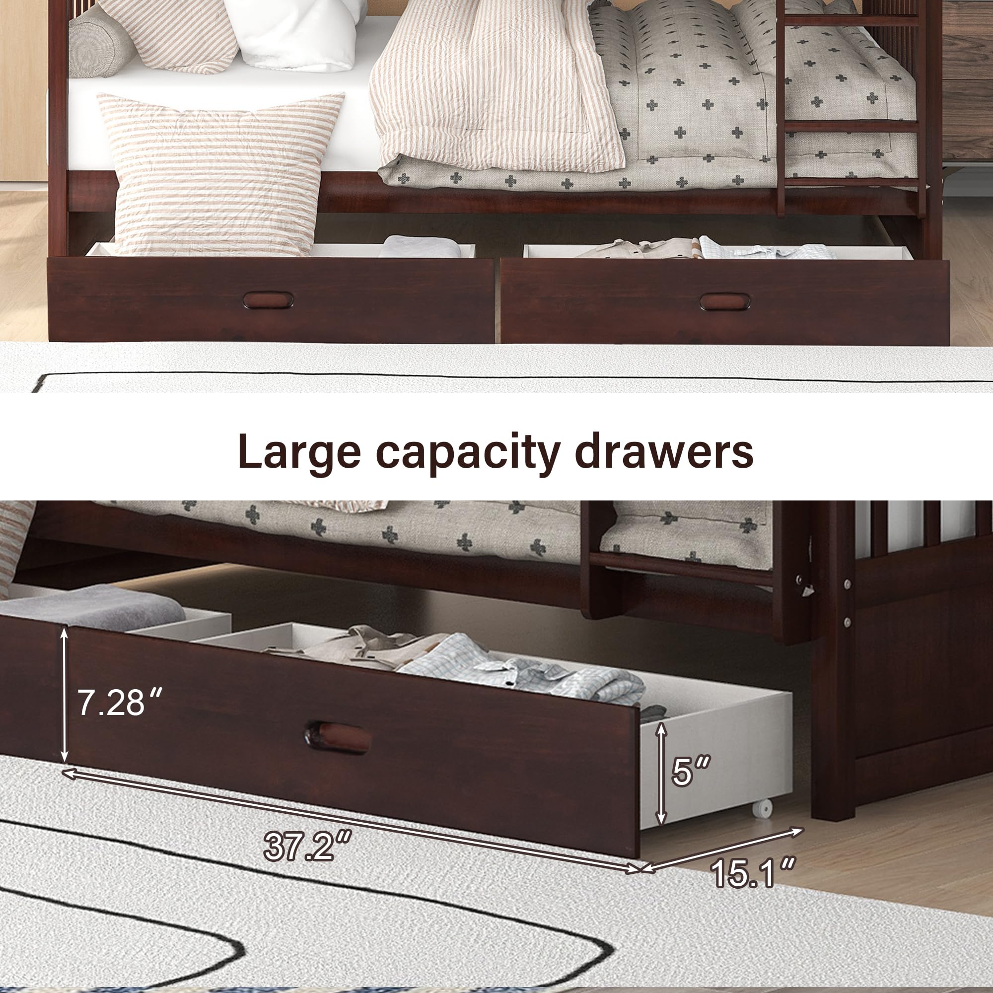 Merax Wood Bunk Bed with Two Drawers,Convertible Wood Bunk Bed with Ladders and Two Storage Drawers,Solid Wood Detachable Bed Frame with Ladders, Twin Over Full Size, Espresso