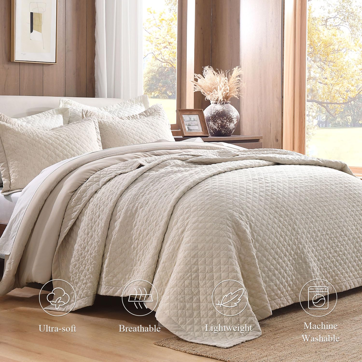 Grassix Linen Quilt Set Queen Size 3-Piece, 100% Linen Front & Cotton Back, Prewashed Diamond Stitch Bedspread with 2 Shams, Lightweight Breathable Quilt for Hot Sleepers, Modern Farmhouse Bedding