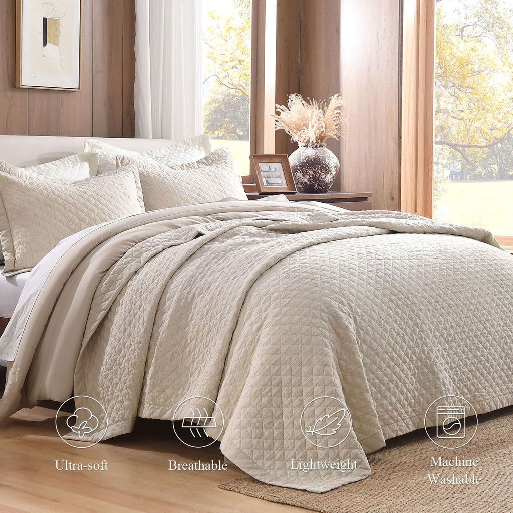 Grassix Linen Quilt Set Queen Size 3-Piece, 100% Linen Front & Cotton Back, Prewashed Diamond Stitch Bedspread with 2 Shams, Lightweight Breathable Quilt for Hot Sleepers, Modern Farmhouse Bedding