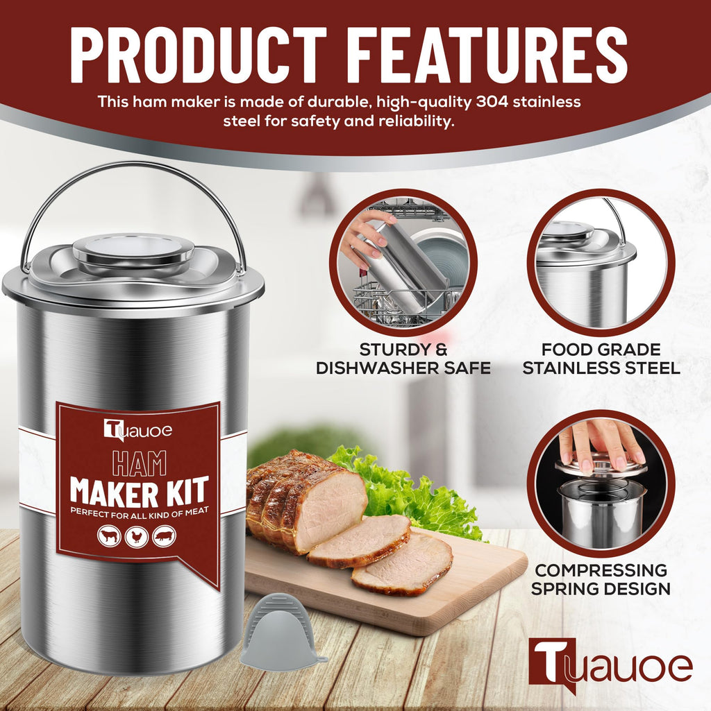 Meat Press Mold for Deli Meats, Stainless Steel Ham Press Mold with Thermometer & Silicone Kitchen Mittens for Making Homemade Healthy Deli Poultry Patty, Funny Kitchen Gift for Women and Men