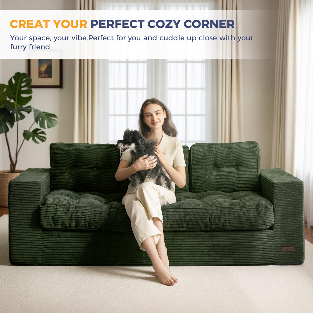MAXYOYO 3 Seater Sofa Couch for Living Room, Tufted Boneless Couch Sofa Couch, Comfy Bubbled Bean Bag Chair for Apartment, No Assembly Needed, Beige