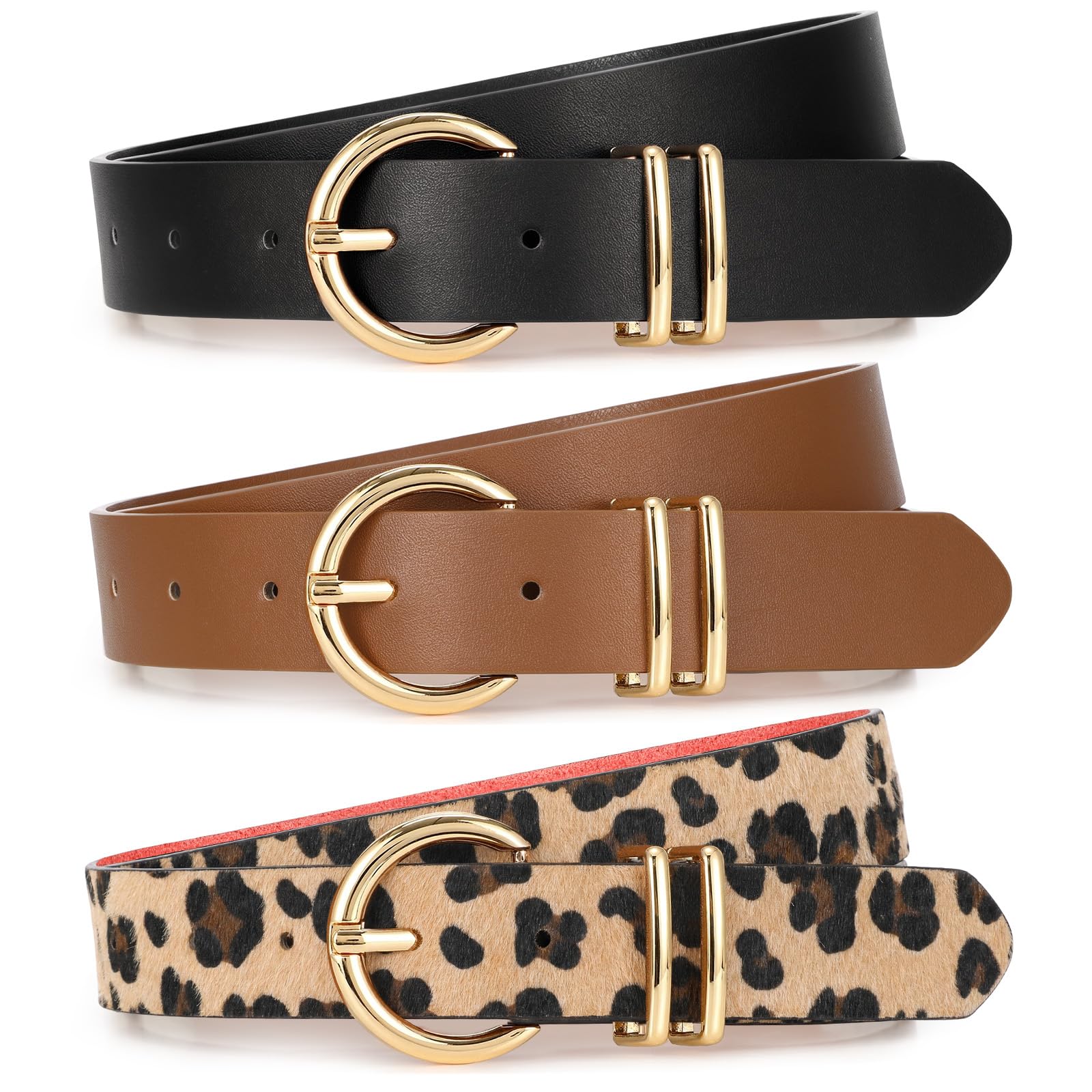 XZQTIVE 3 Pack Women Belts For Jeans Dresses Pants Ladies Leather Waist Belt with Gold Buckle