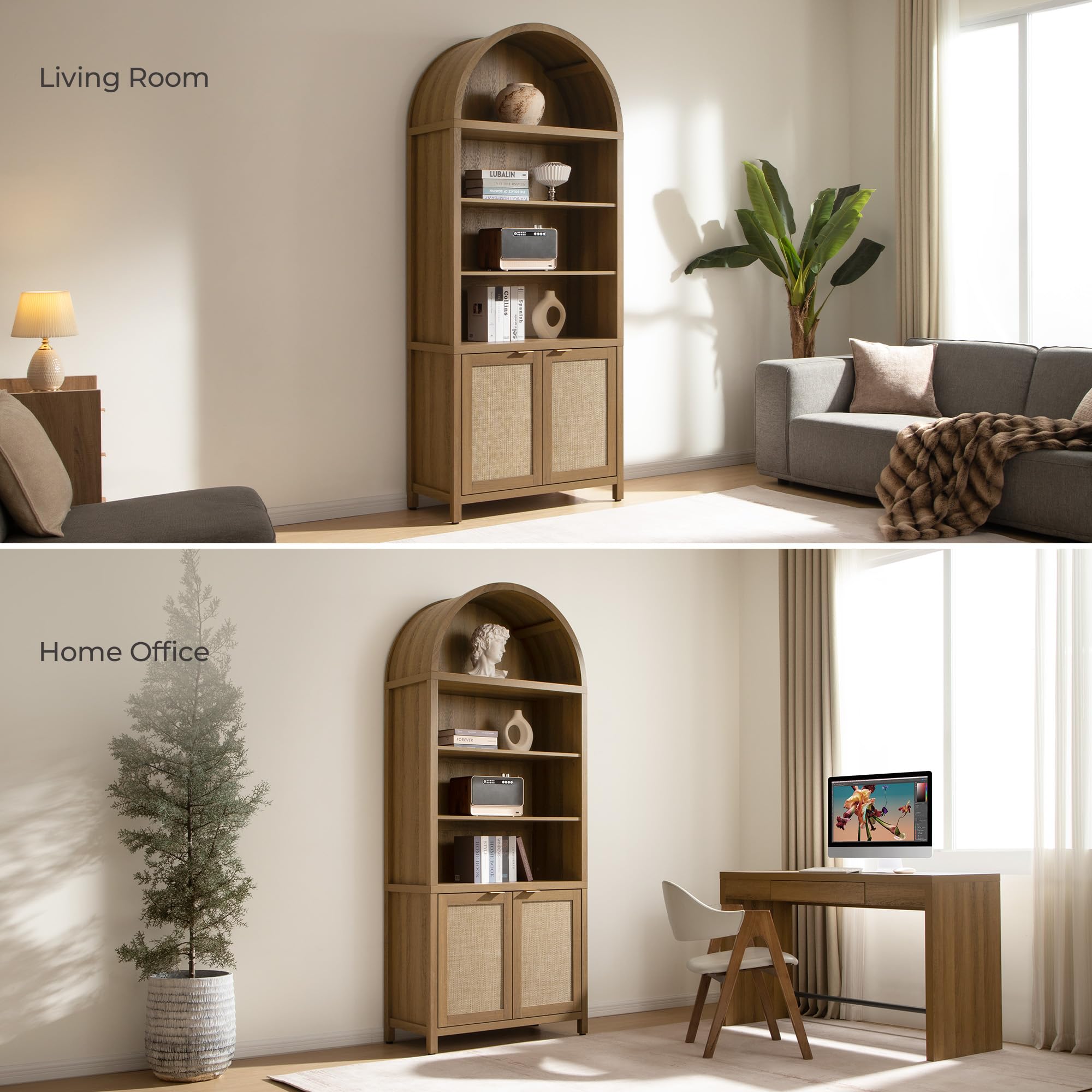 SICOTAS Book Shelf Arched Cabinet Bookshelf Arch 84.2" Tall Bookcase 5 Tier Large Bookshelves with Doors Storage Rattan Boho Wide Book Shelves Case for Living Room Kitchen Office Bedroom Library