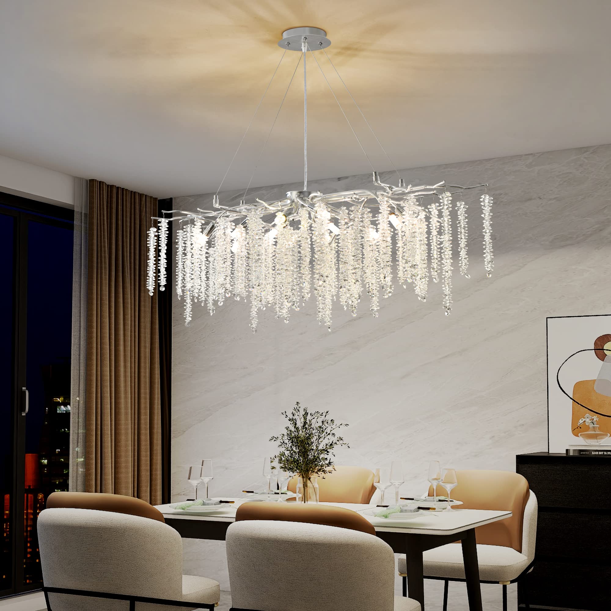 Modern Crystal Raindrop Chandelier, L40'' Black Linear Rectangle Art Deco Tree Branch Lighting Fixture for Kitchen Island Living Room Foyer Staircase 10 Lights