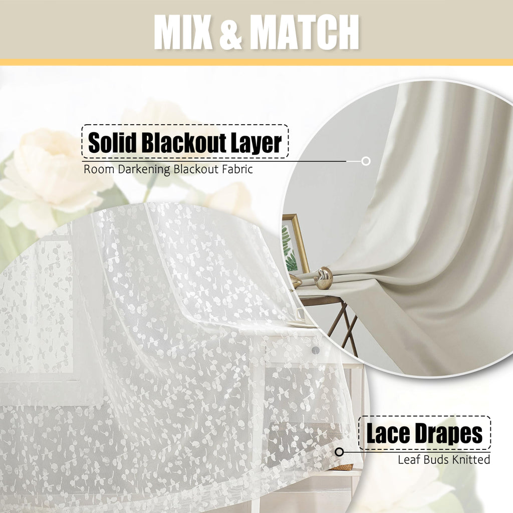 Jubilantex Full Blackout Curtains + Leaf Sheer Window Panels, Beige Mix and Match Style Double Layer Window Treatment Sets for Bedroom Living Room, 4 Panels 52" W x 63" L, Beige and White