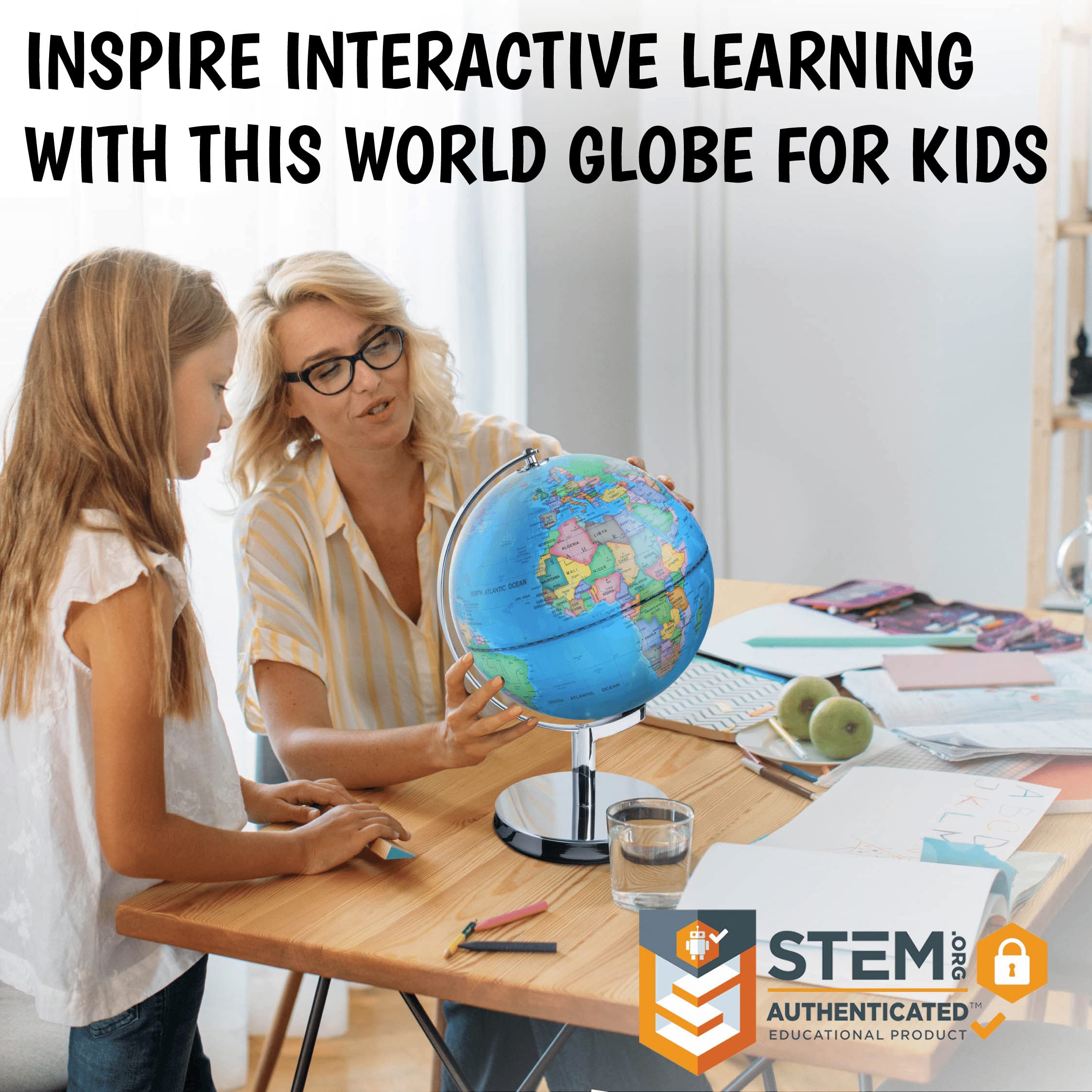 USA Toyz Illuminated Globe for Kids Learning- 3-in-1 STEM Globes of the World with Stand, Constellation Map, Built-in LED Night Light Desk Globe Lamp, Non-Tip Metal Base, 9.75” Tall, 7 Inch Diameter