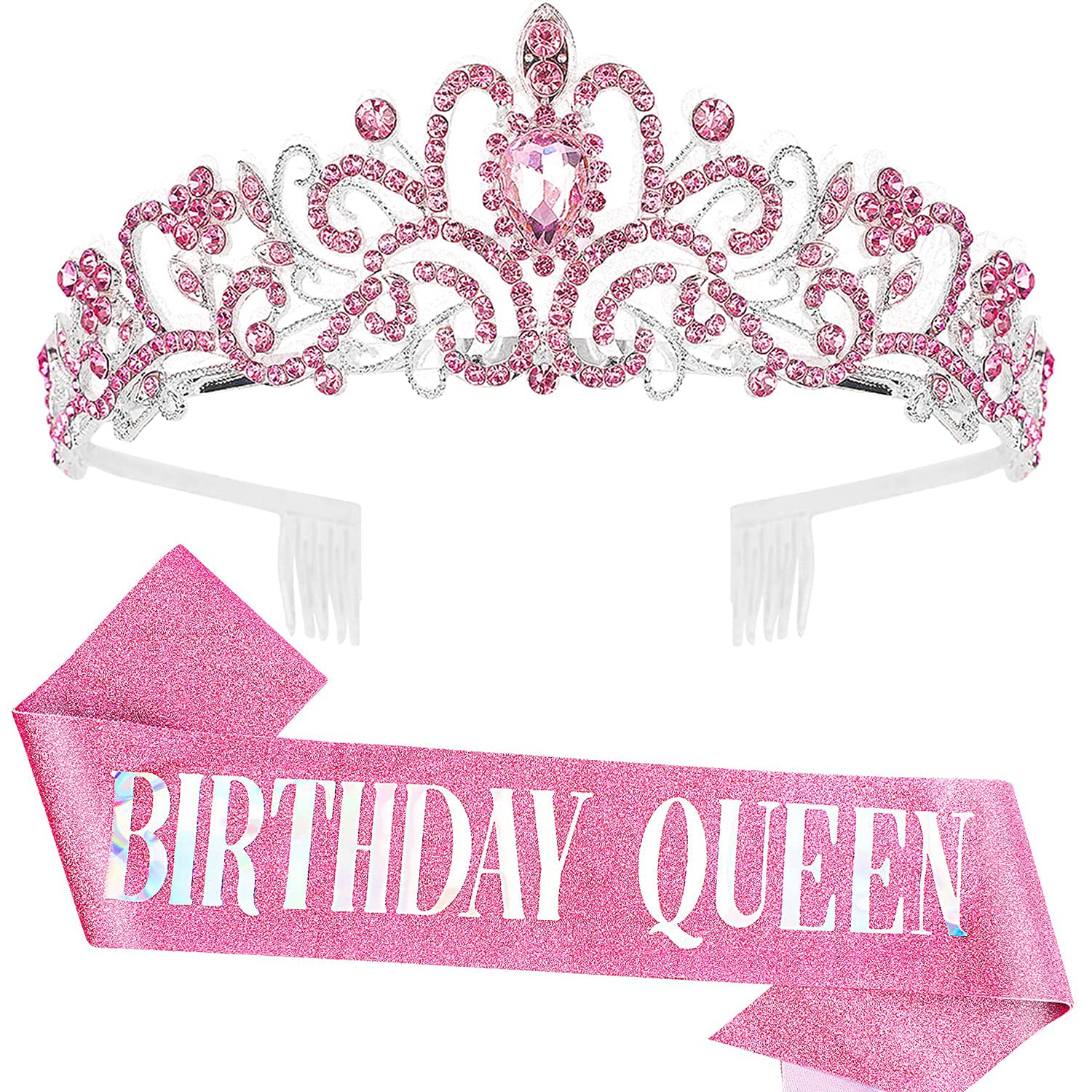 COCIDE Birthday Silver Tiara and Crowns Kit - Silver Tiara, Crown, Sash, Rhinestone Headband, Glitter Sash for Women & Girls Birthday Party Decorations