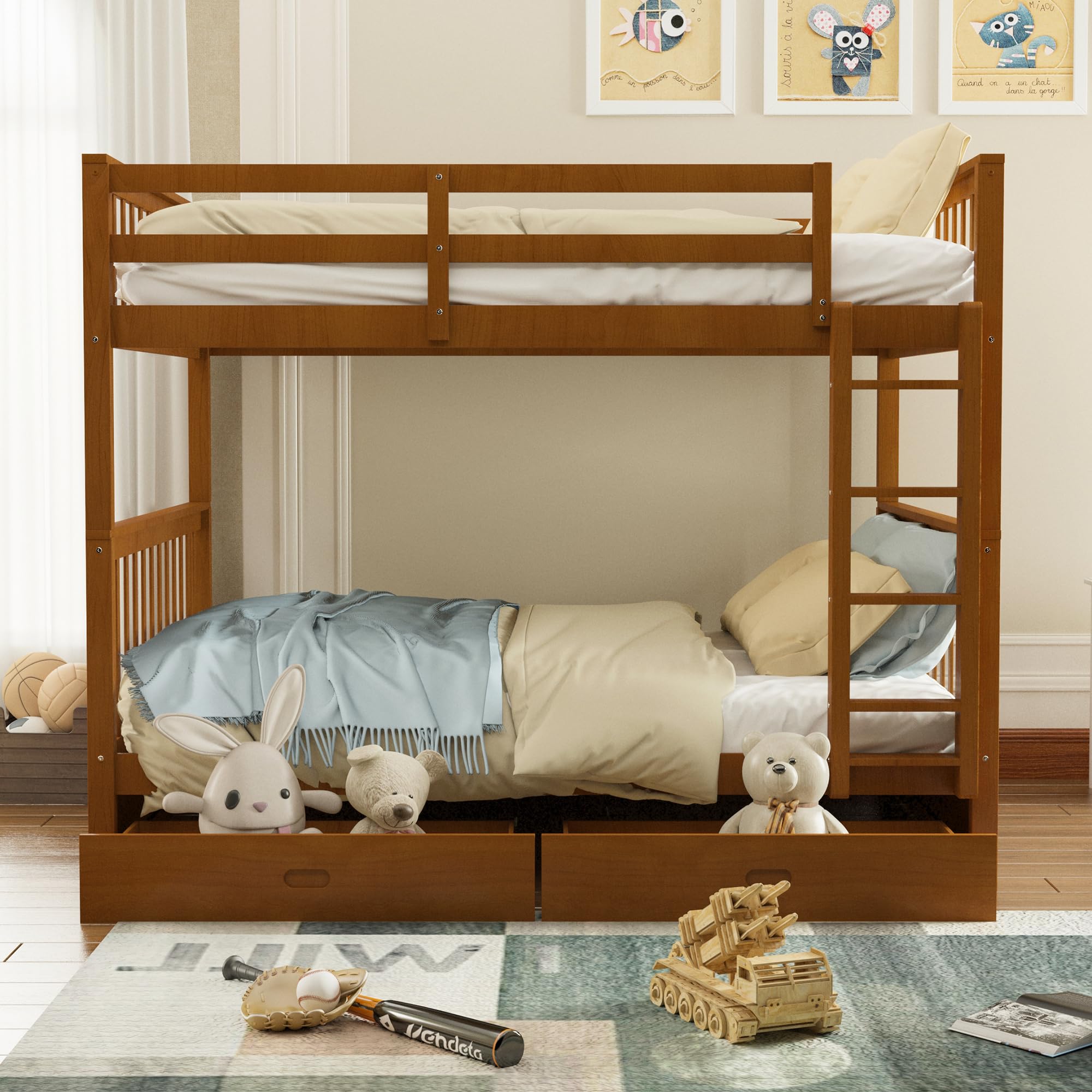 Merax Wood Bunk Bed with Two Drawers,Convertible Wood Bunk Bed with Ladders and Two Storage Drawers,Solid Wood Detachable Bed Frame with Ladders, Twin Over Full Size, Espresso