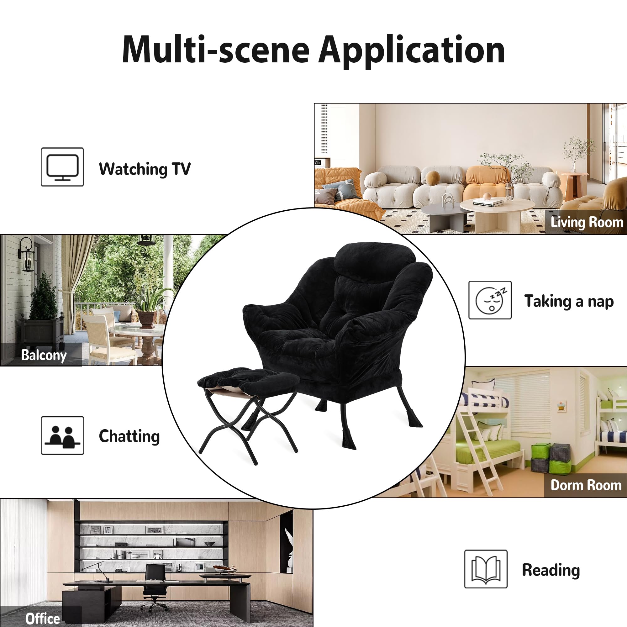 Youtanic Lazy Chair with Folding Ottoman, Accent Chair Velvet Upholstered with Metal Structure and Non-Slip Pads, Sofa Armchair with Footrest and Side Storage Bag for Dorm, Room, Office, Beige