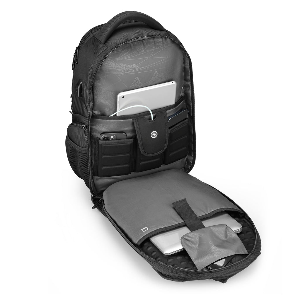 Swissdigital Design Travel Backpack for Women or Men, TSA Friendly USB Charging RFID Protection Business Carry on Bag Fits 15.6" Laptop Backpack Black | J14-BR