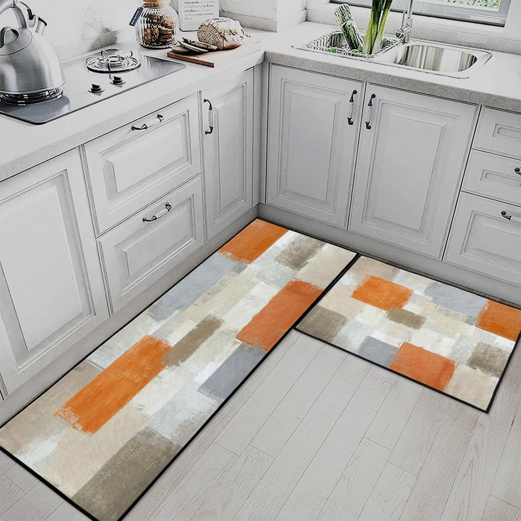 Blue Kitchen Rugs and Mats Non Skid Washable Set of 2, Grey White Modern Abstract Mats for Floor, Geometric Painting Runner Rug Graffiti Art Kitchen Decor
