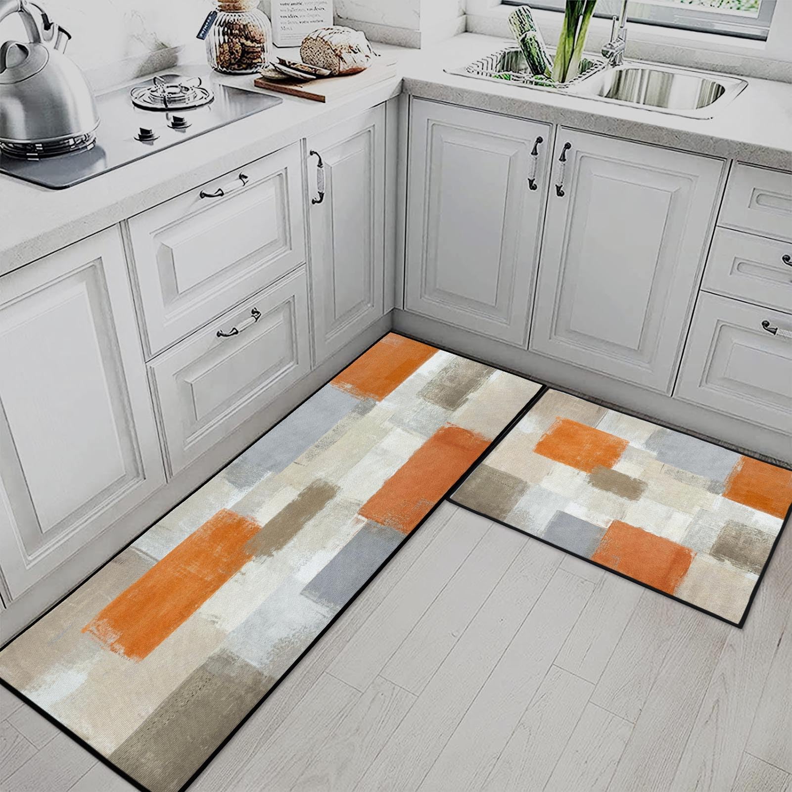 Blue Kitchen Rugs and Mats Non Skid Washable Set of 2, Grey White Modern Abstract Mats for Floor, Geometric Painting Runner Rug Graffiti Art Kitchen Decor