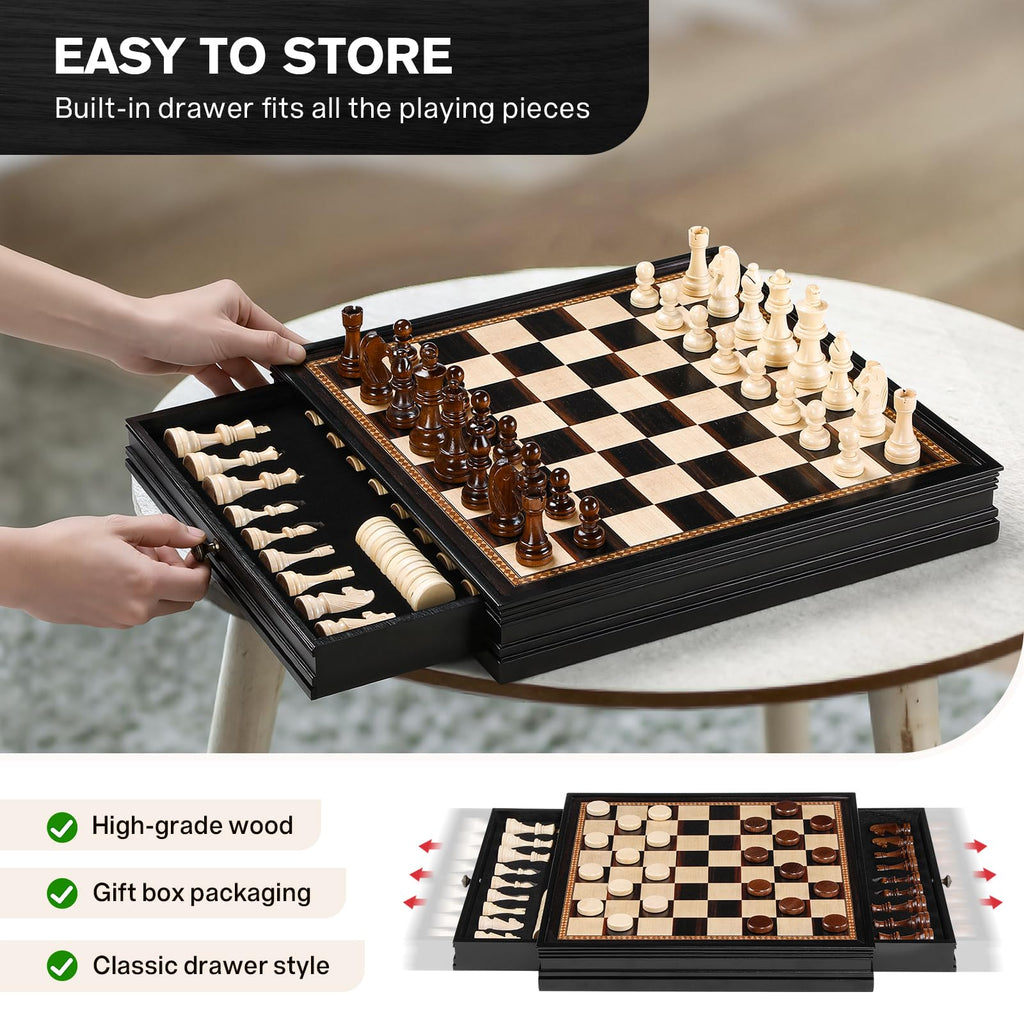 Peradix Magnetic Chess and Checkers Set with 2 Built-in Storage Drawers, Classic 2 in 1 Wooden Board Games, Magnetic Chess Pieces 2 Extra Queens, 12.8" Chess Set for Adults and Kids Gift Package
