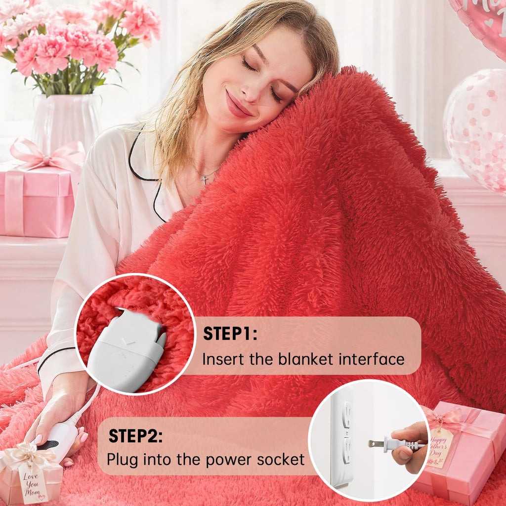 Heated Electric Blanket Queen–Faux Fur with Soft Thick SherpaWarm Winter Birthday Gifts for Women Grandma,Dual Control,10 Heat Settings,5 Time Settings, 84x90, Beige