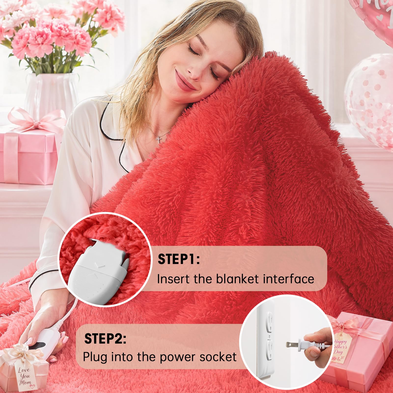 Heated Electric Blanket Queen–Faux Fur with Soft Thick SherpaWarm Winter Birthday Gifts for Women Grandma,Dual Control,10 Heat Settings,5 Time Settings, 84x90, Beige