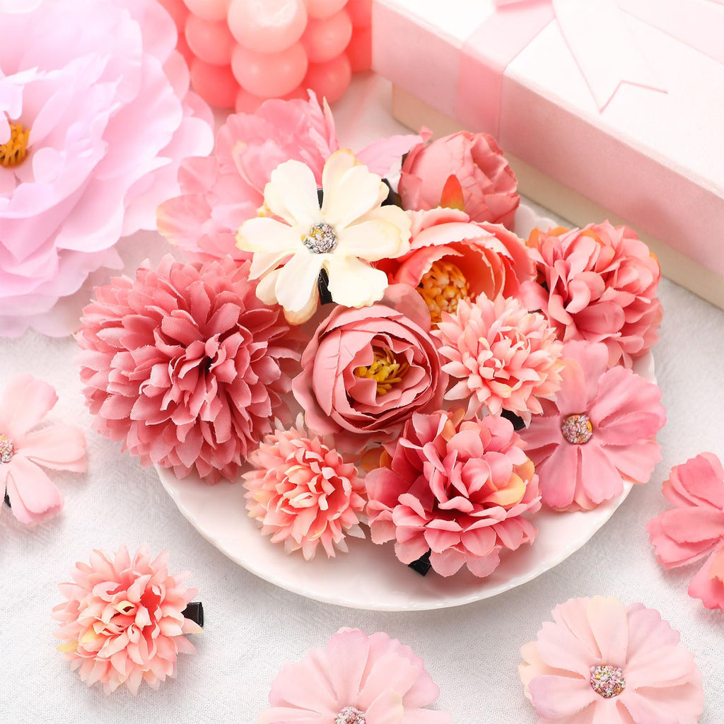 BBTO Flower Hair Clip Rose Hair Clips Barrettes for Women Flower Accessories Boho Bride Claw Clip Hairpin Brooch Pin Headpiece for Wedding(Beige Orange Series,21 Pcs)
