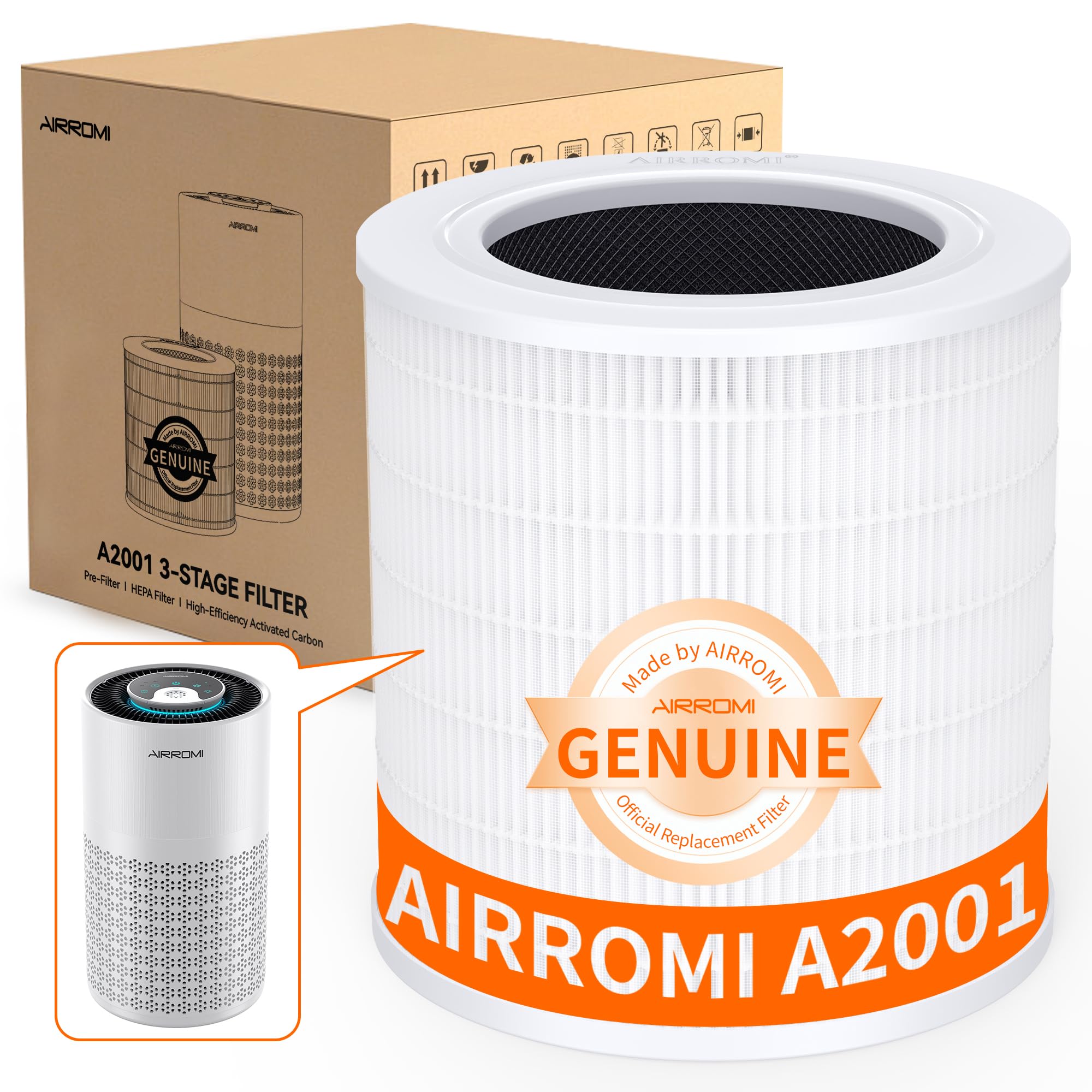AIRROMI A2001 HEPA Air Purifier Replacement Filter, 3-In-1 Original Filter, Remove 99.97% of 0.3 Micron Particle 2 Pack White Activated Carbon