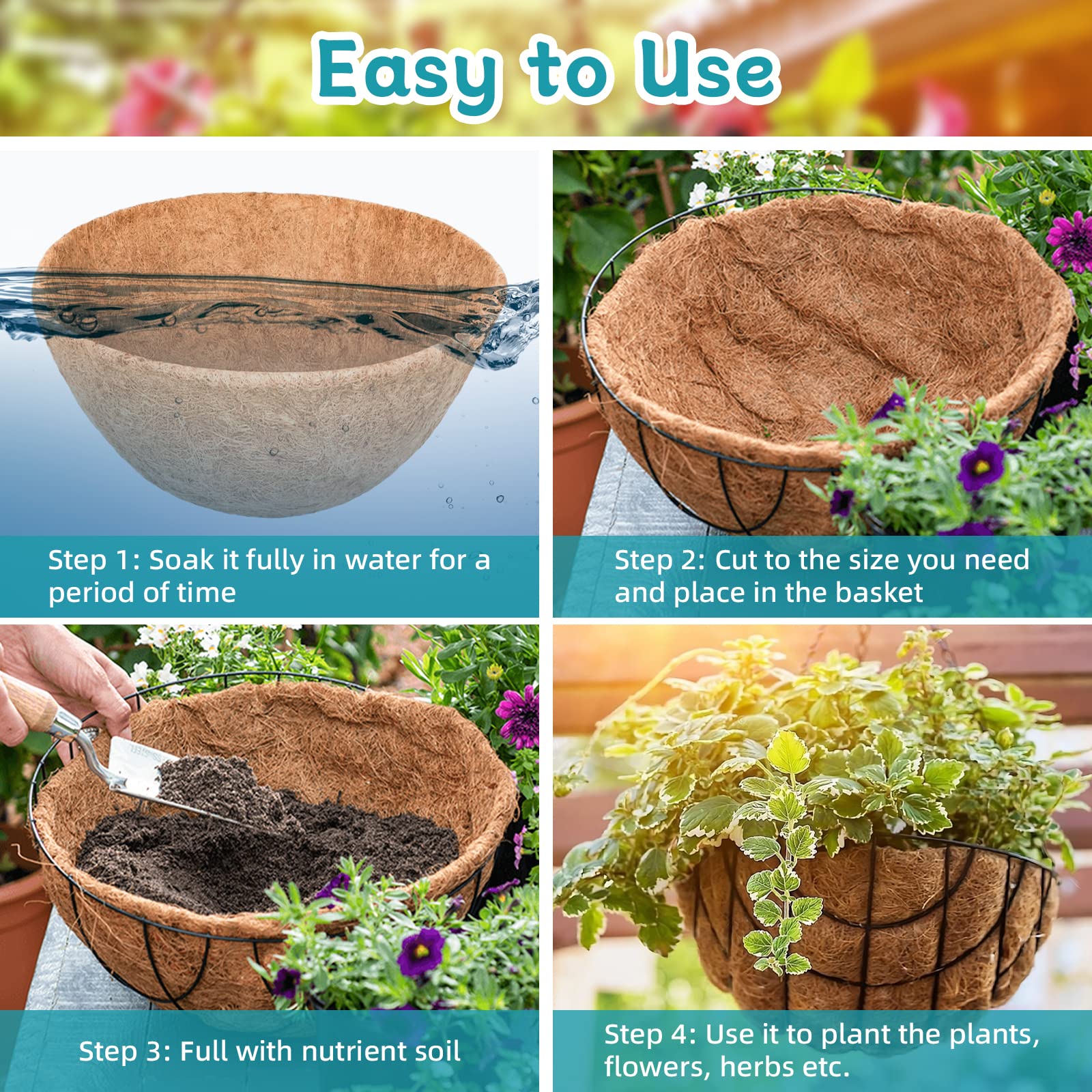Riare 2 Pack 12 Inch Round Coco Liners Replacement, 100% Natural Coconut Coir Liners for Hanging Baskets, Garden Flower Vegetables Planter Pot, Window Box, Fence, Decks