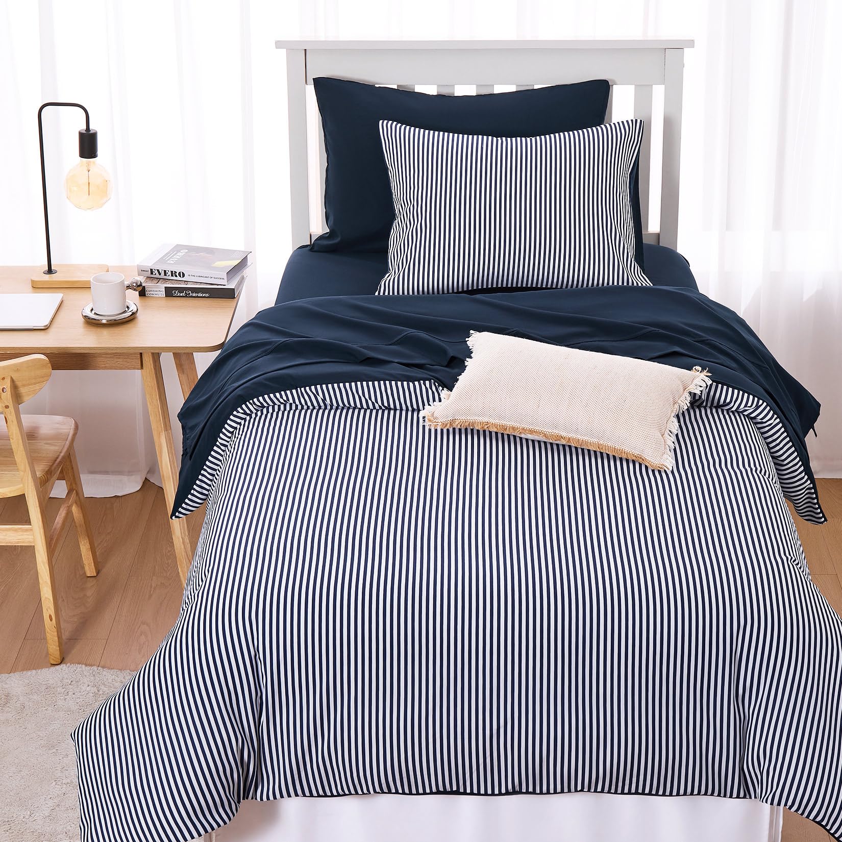 Wake In Cloud - Striped Comforter Set, Ticking Stripe Vertical Pinstripe Neutral Farmhouse Pattern Printed, Soft Lightweight Bedding, 3 Pieces, Blue White, Twin/Twin XL Size